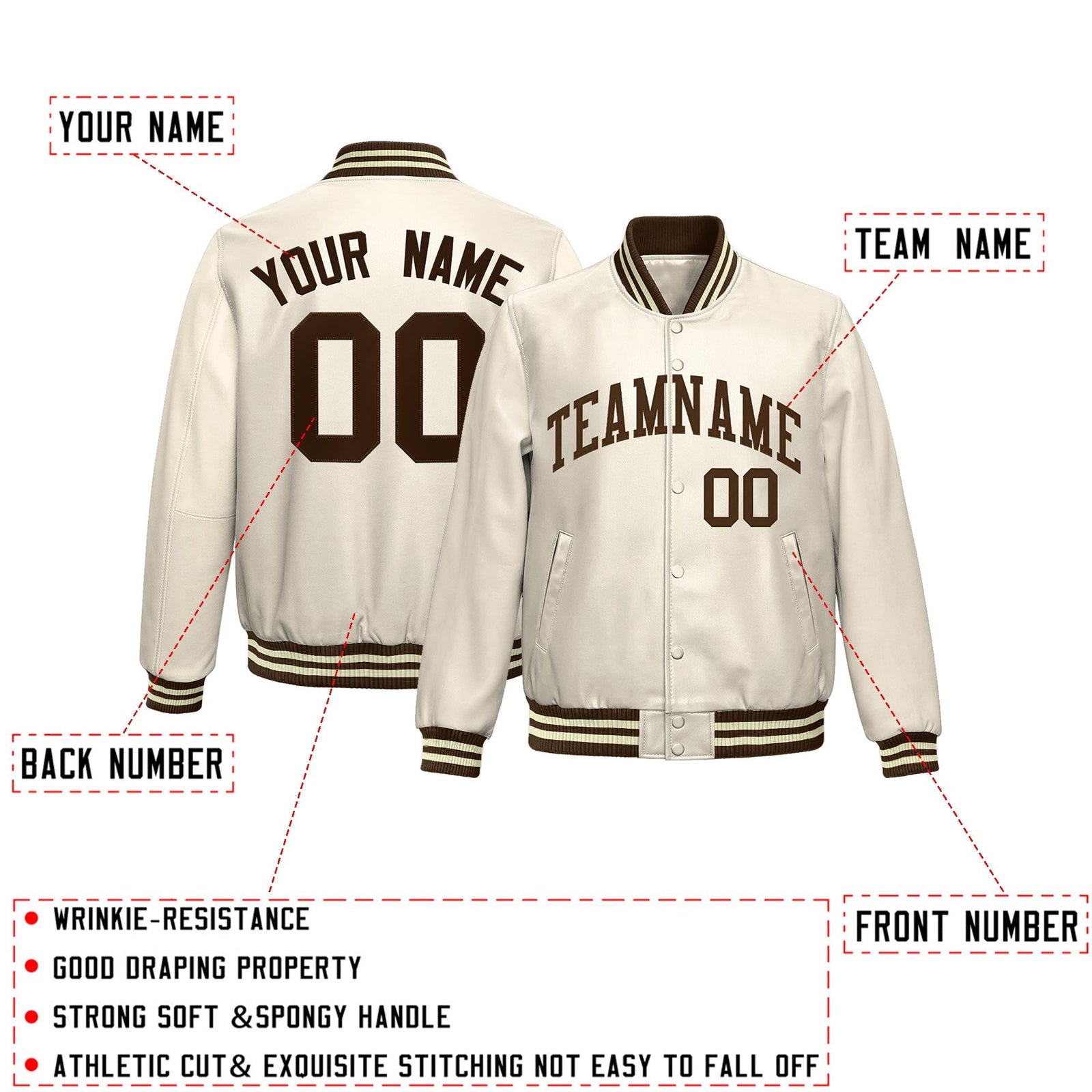 Custom Cream Brown Full-Snap Varsity Faux Leather Letterman Jacket| KXKSHOP