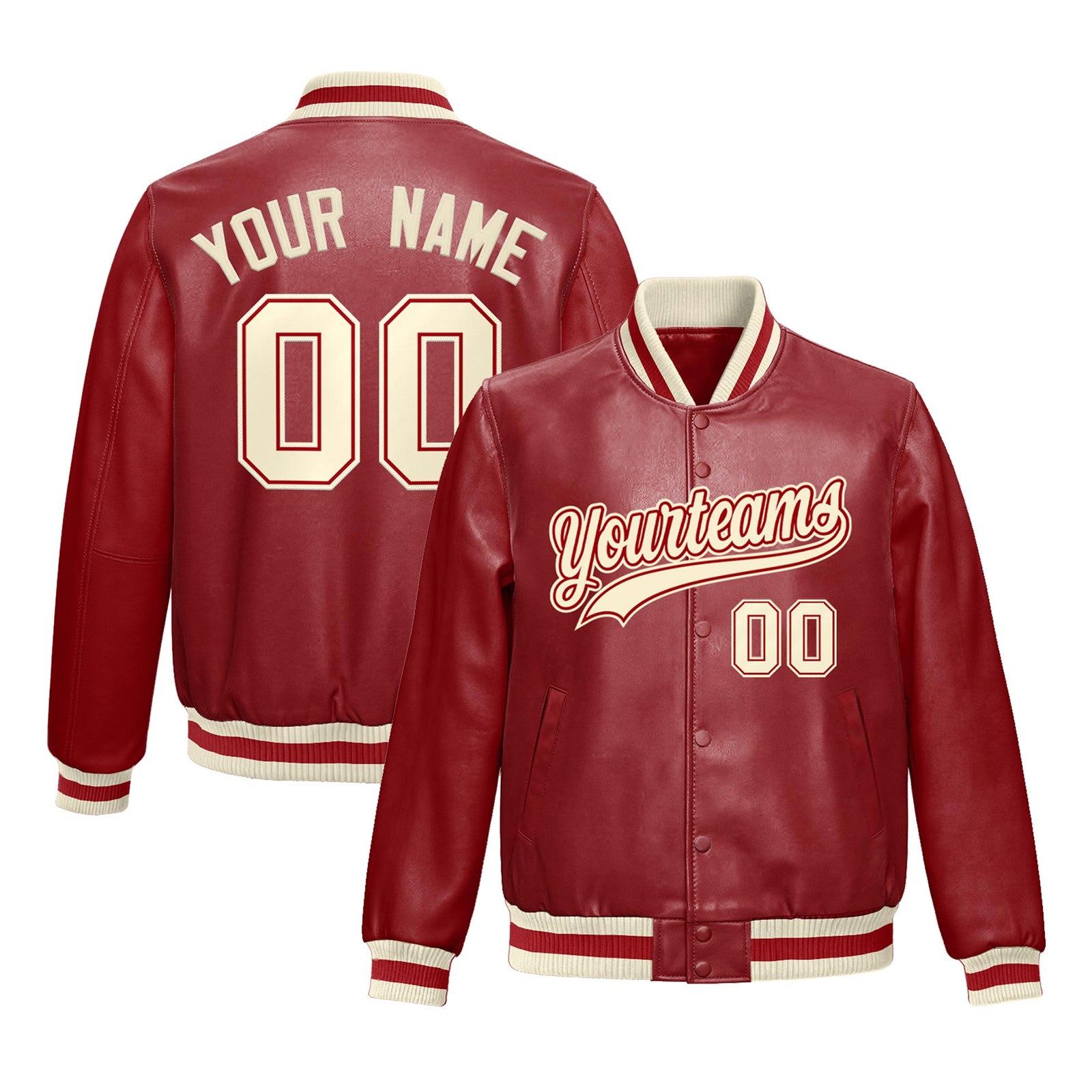 Custom Red Cream Full-Snap Varsity Faux Leather Letterman Jacket| KXKSHOP