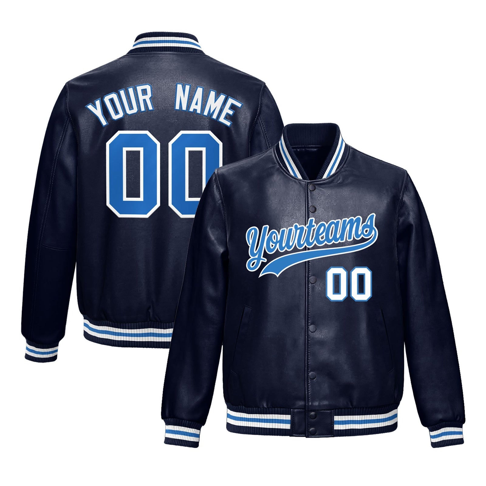 Custom Navy Light Blue Full-Snap Varsity Faux Leather Letterman Jacket| KXKSHOP