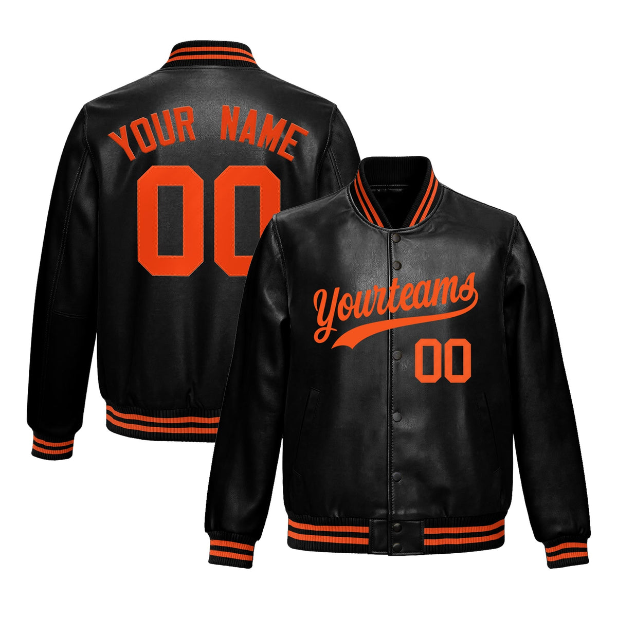 Custom Black Orange Full-Snap Varsity Faux Leather Letterman Jacket| KXKSHOP
