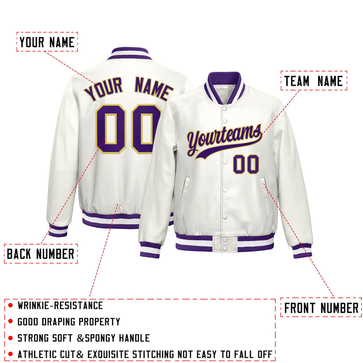 Custom Purple White Full-Snap Varsity Faux Leather Letterman Jacket| KXKSHOP