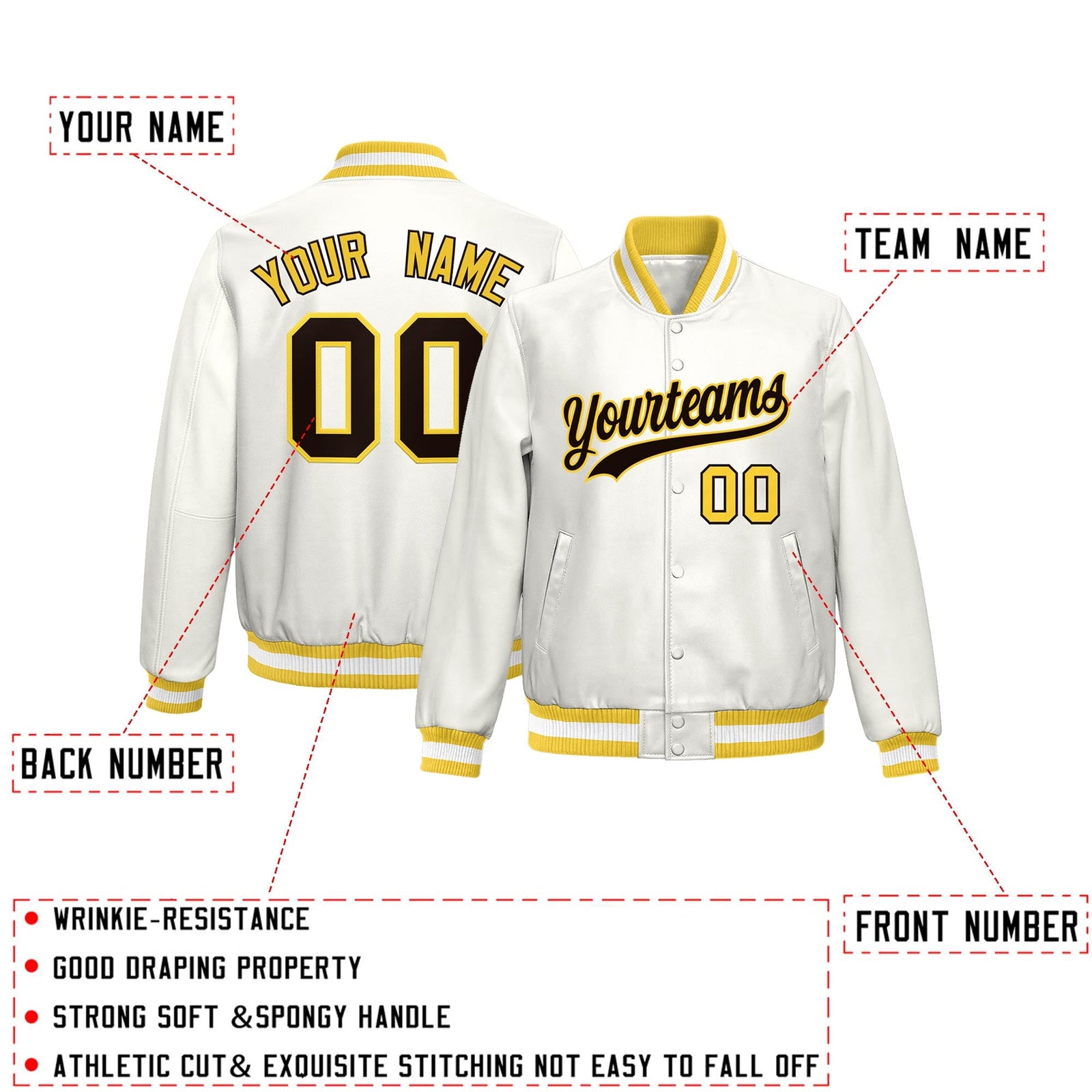 Custom Gold White Full-Snap Varsity Faux Leather Letterman Jacket| KXKSHOP