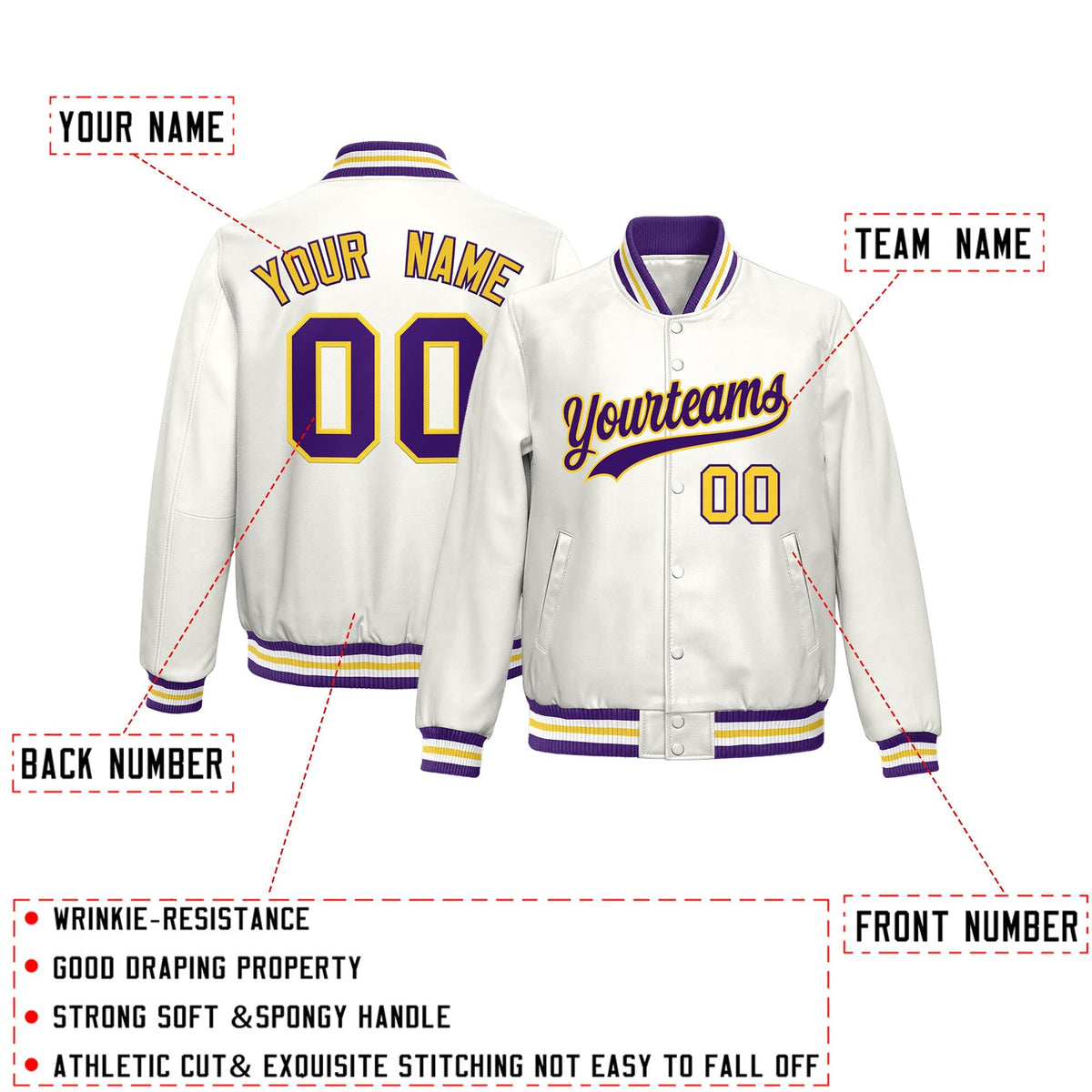 Custom White Purple Yellow Full-Snap Varsity Faux Leather Letterman Jacket| KXKSHOP