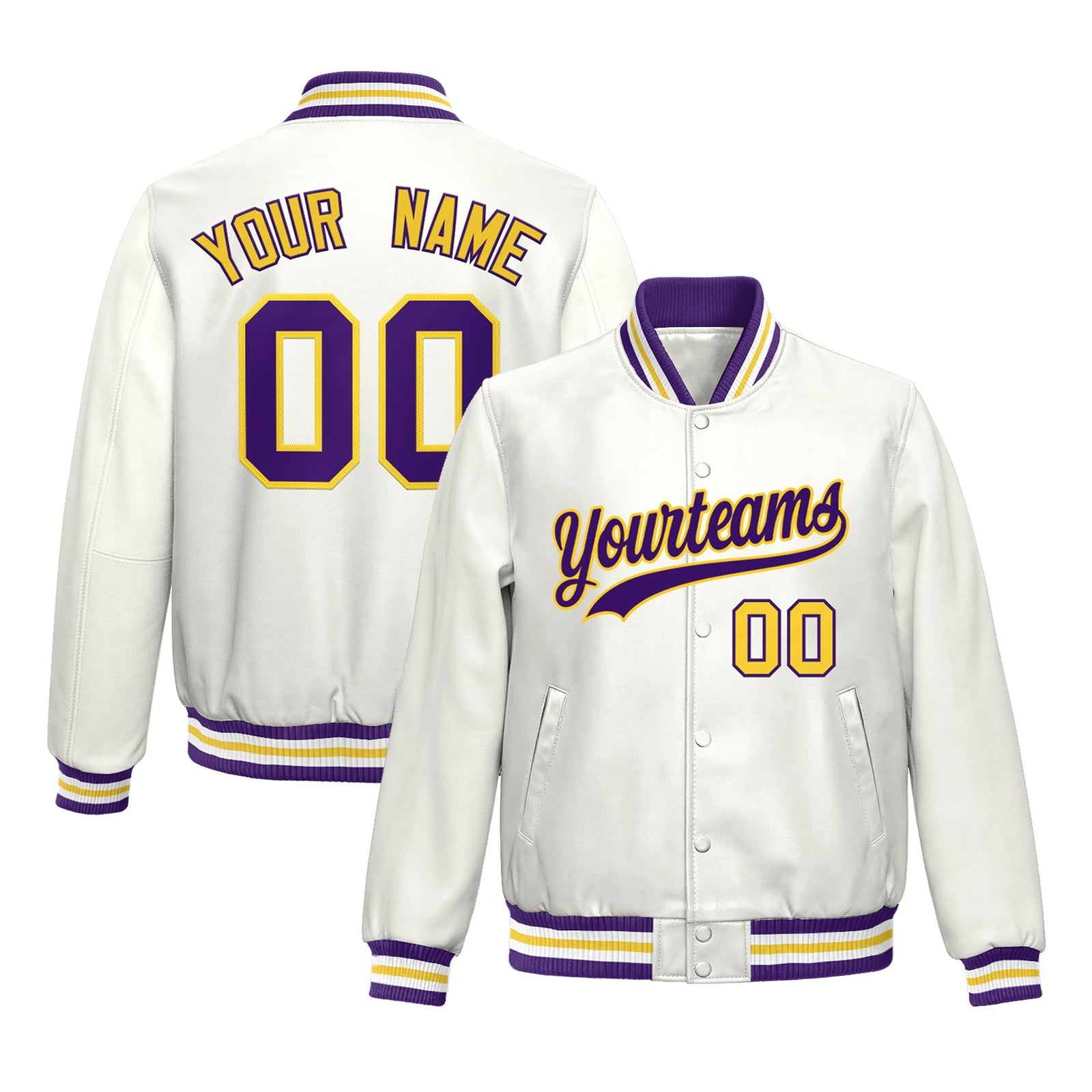 Custom White Purple Yellow Full-Snap Varsity Faux Leather Letterman Jacket| KXKSHOP