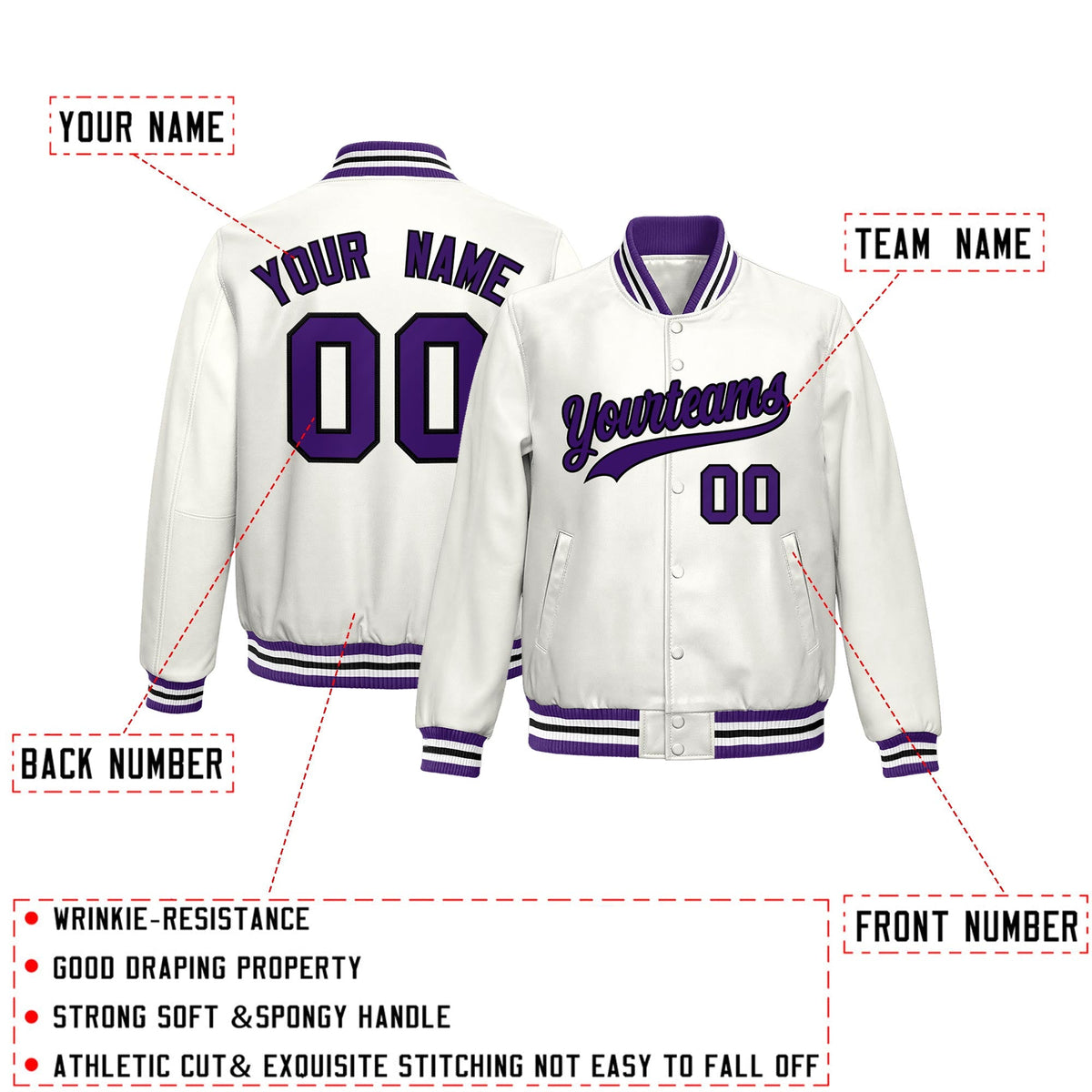 Custom White Purple Full-Snap Varsity Faux Leather Letterman Jacket| KXKSHOP