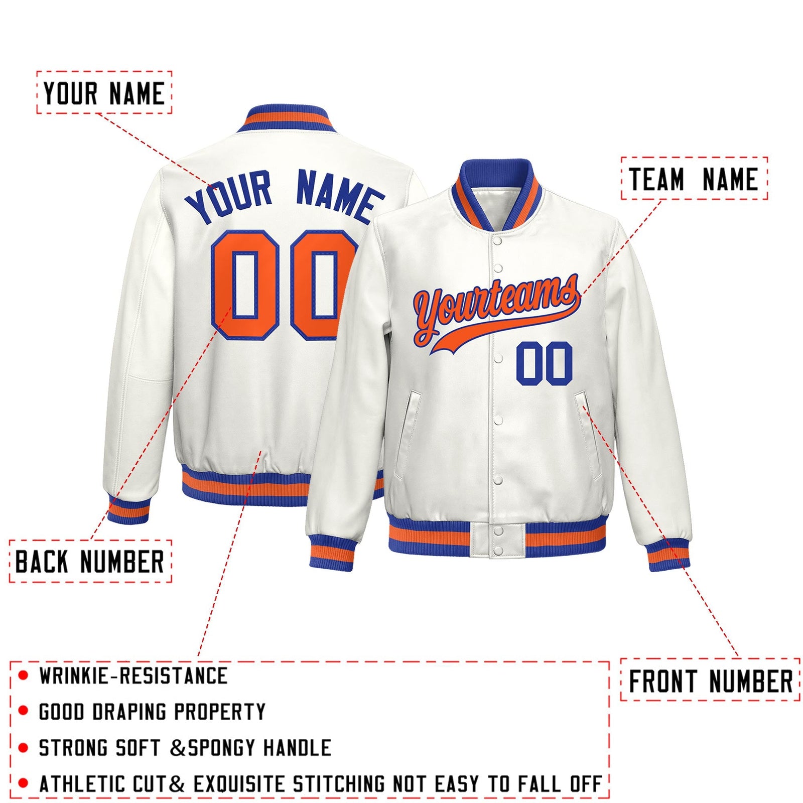 Custom White Royal Blue Orange Full-Snap Varsity Faux Leather Letterman Jacket| KXKSHOP