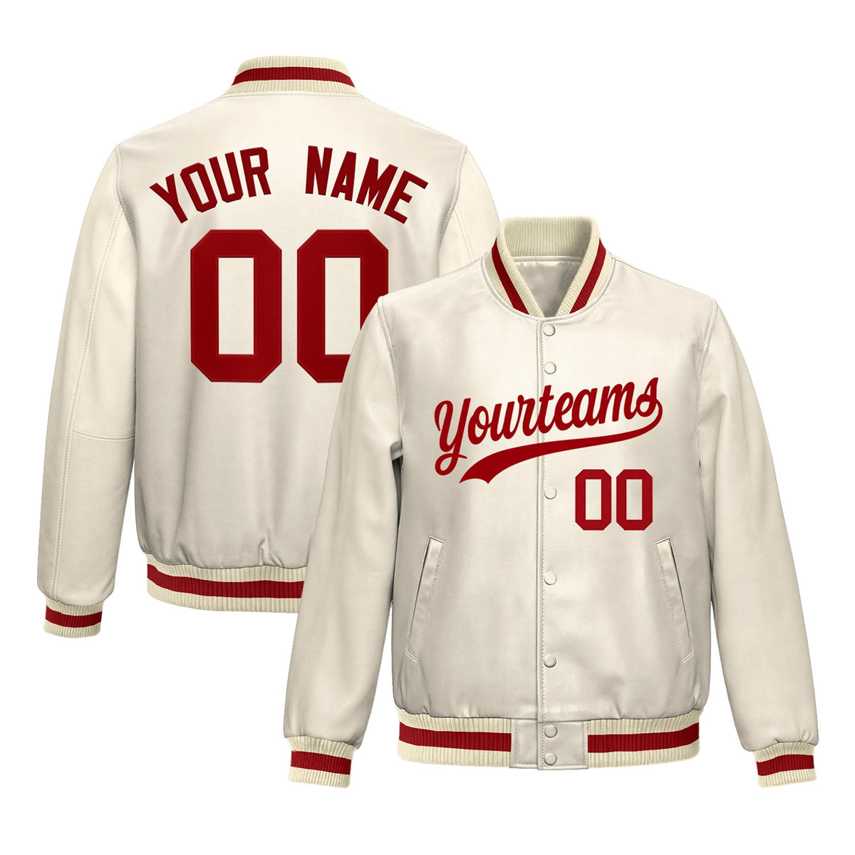 Custom Cream Red Full-Snap Varsity Faux Leather Letterman Jacket| KXKSHOP