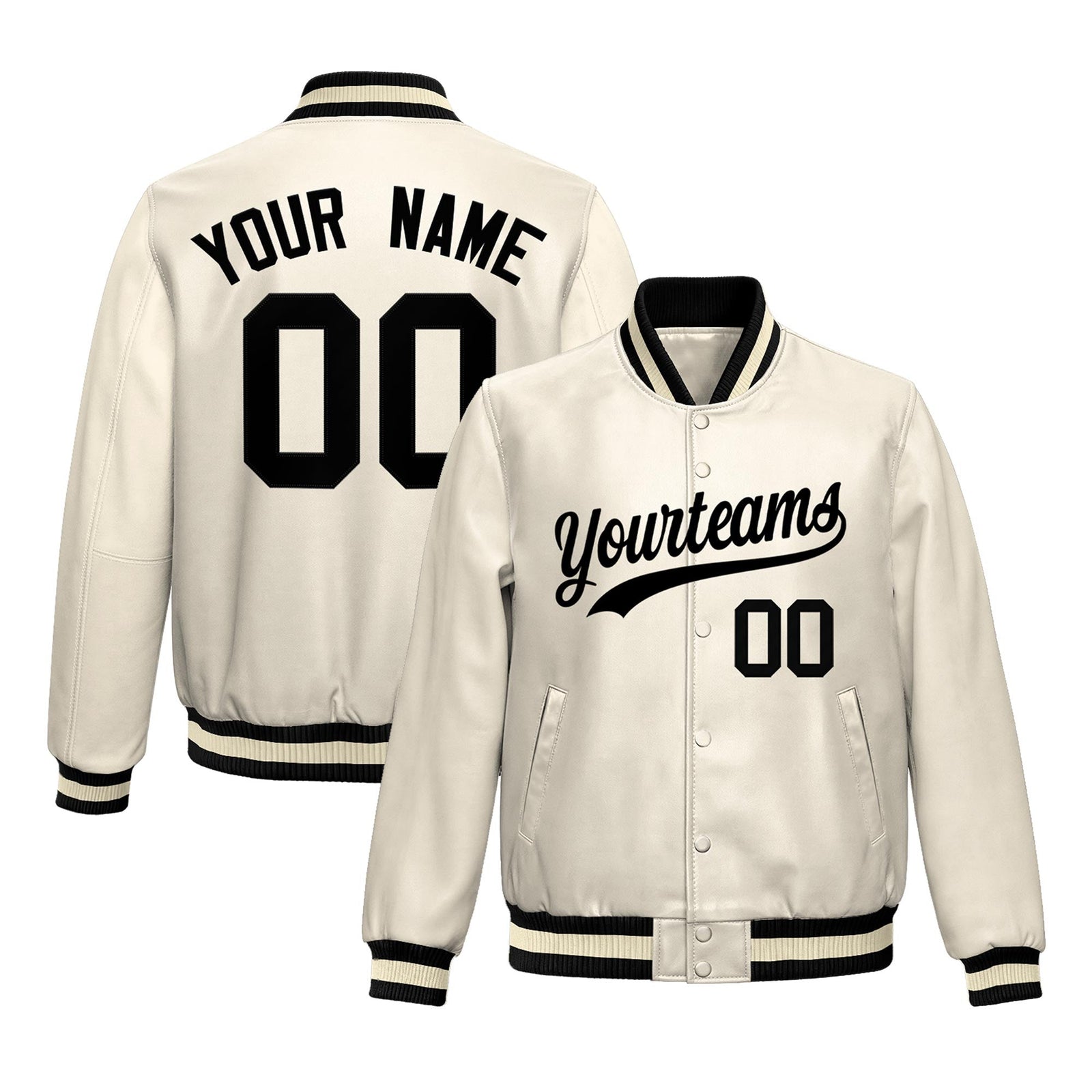 Custom Cream Black Full-Snap Varsity Faux Leather Letterman Jacket| KXKSHOP
