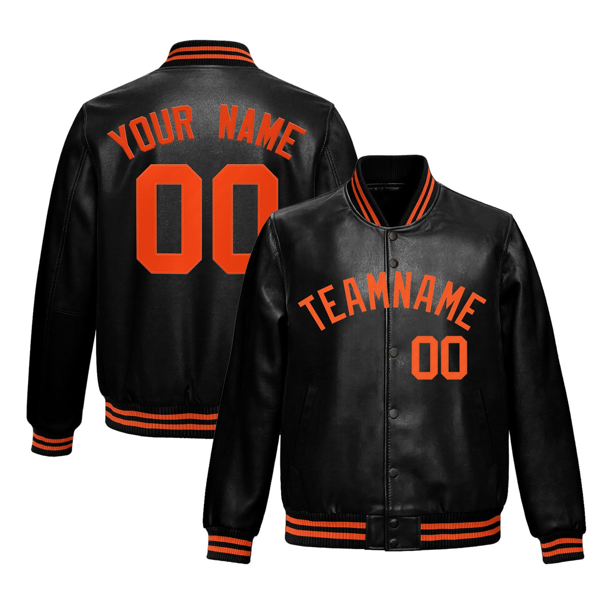 Custom Black Orange Full-Snap Varsity Faux Leather Letterman Jacket| KXKSHOP