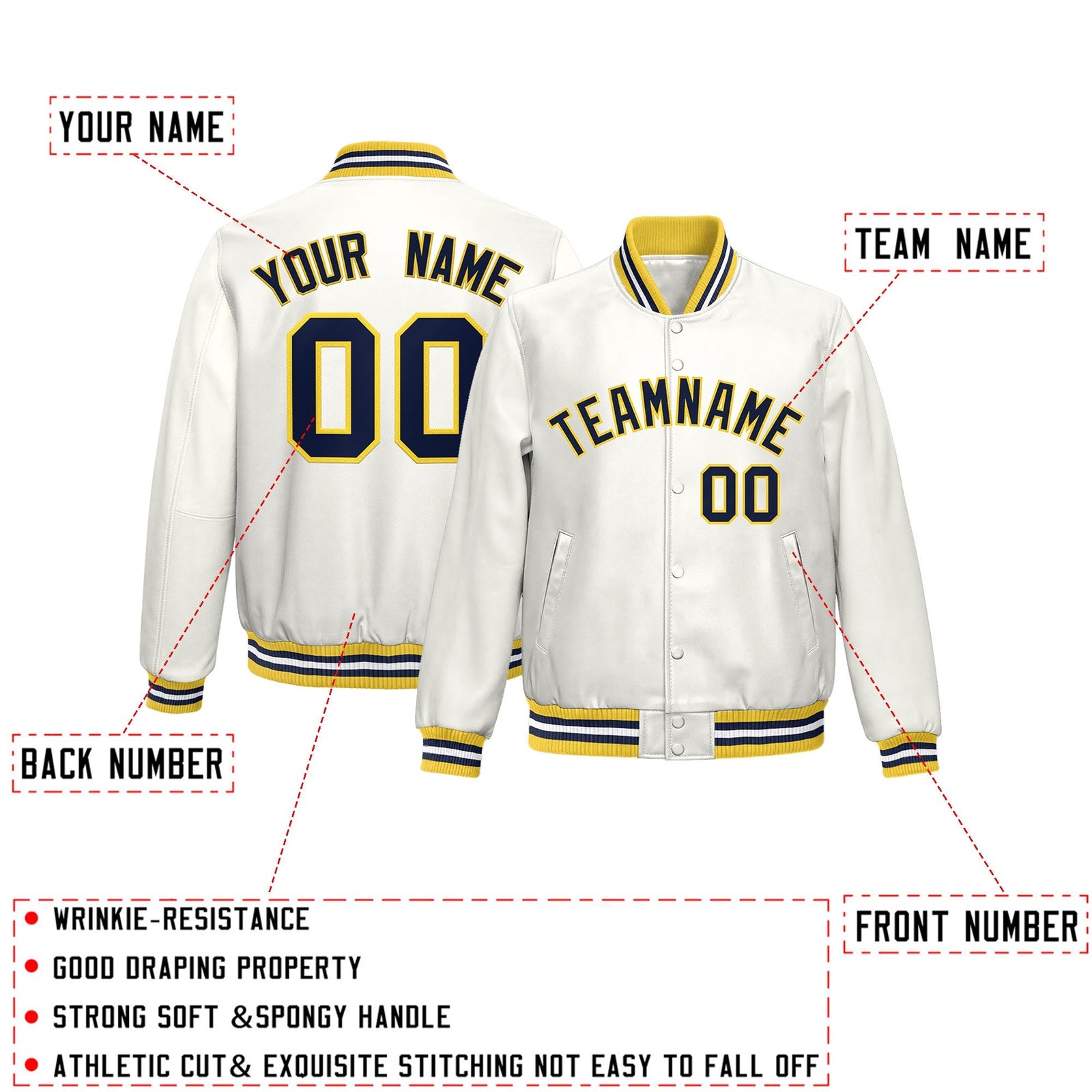 Custom White Yellow Navy Full-Snap Varsity Faux Leather Letterman Jacket| KXKSHOP