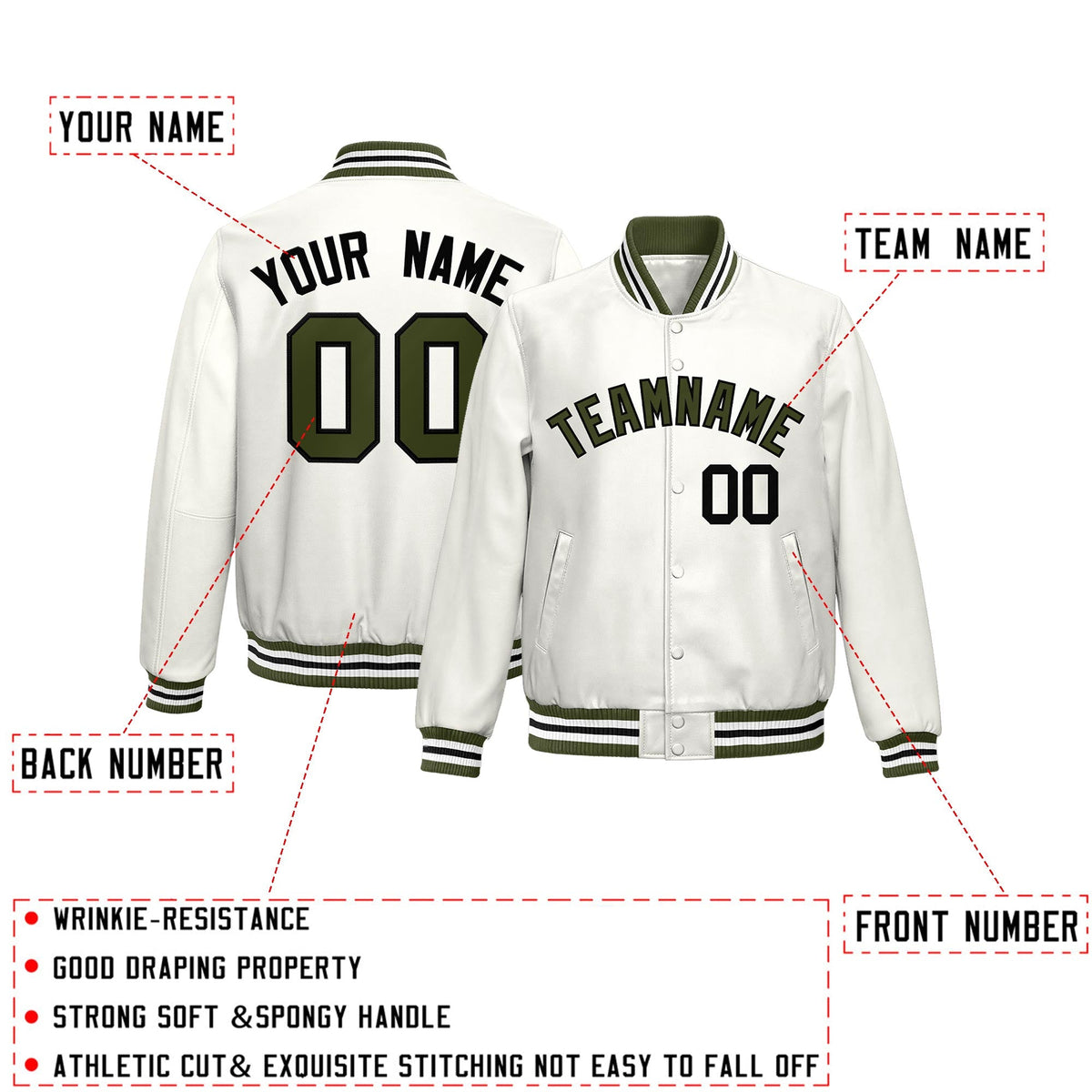 Custom White Olive Full-Snap Varsity Faux Leather Letterman Jacket| KXKSHOP