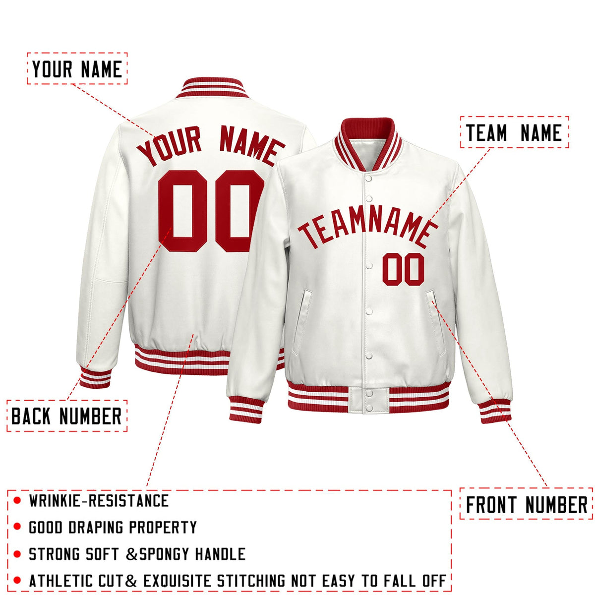 Custom White Red Full-Snap Varsity Faux Leather Letterman Jacket| KXKSHOP
