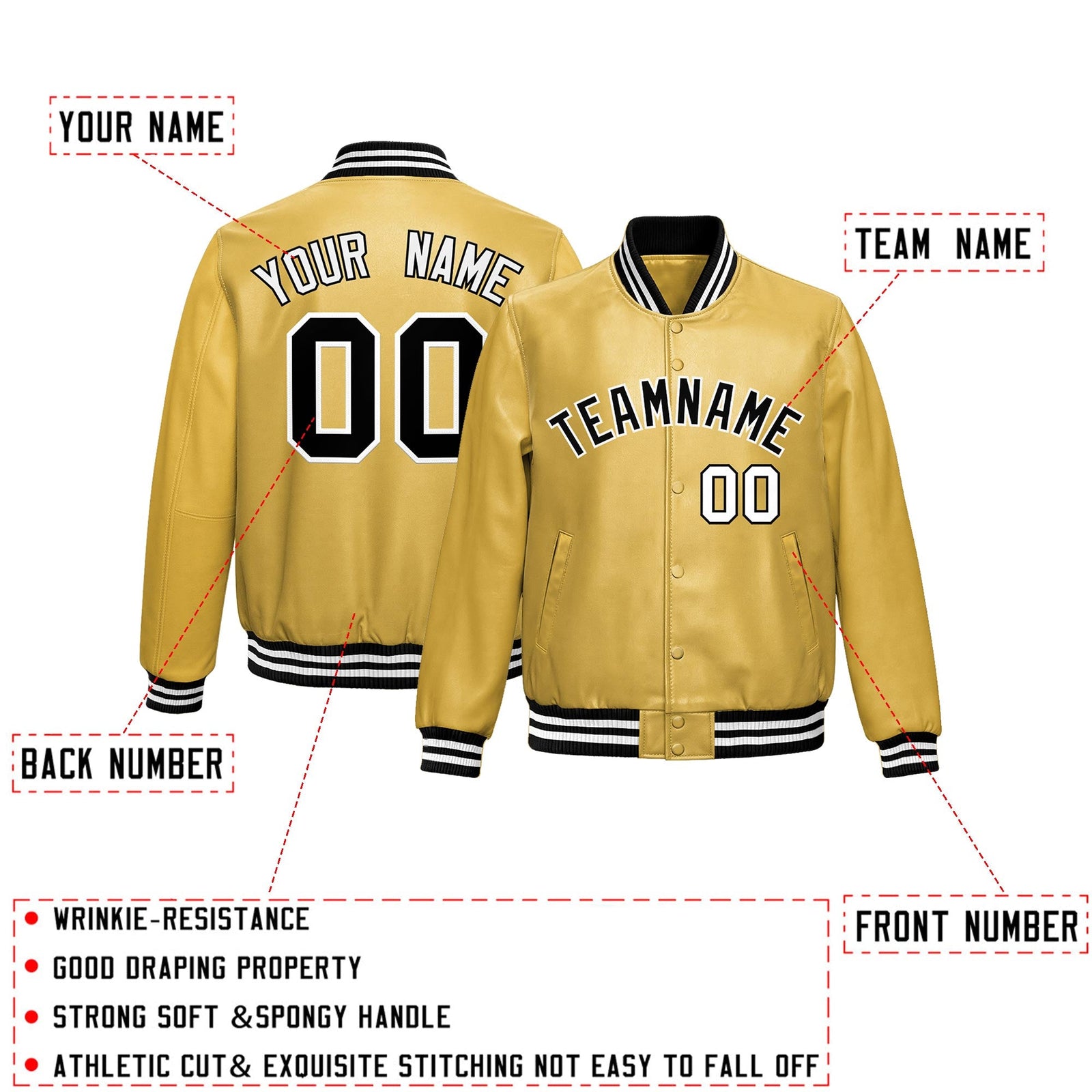 Custom Khaki Black Full-Snap Varsity Faux Leather Letterman Jacket| KXKSHOP