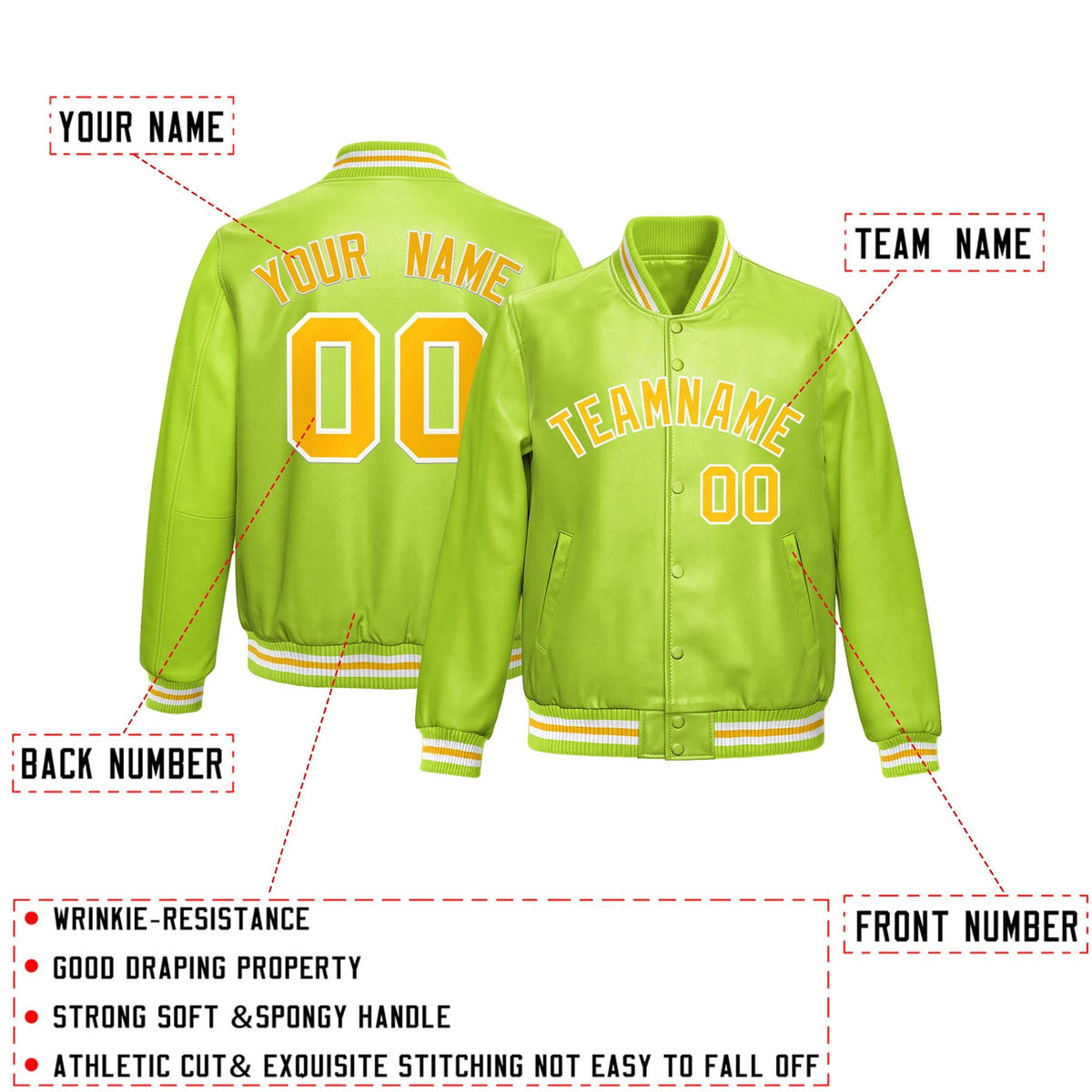 Custom Neon Green Yellow Full-Snap Varsity Faux Leather Letterman Jacket| KXKSHOP
