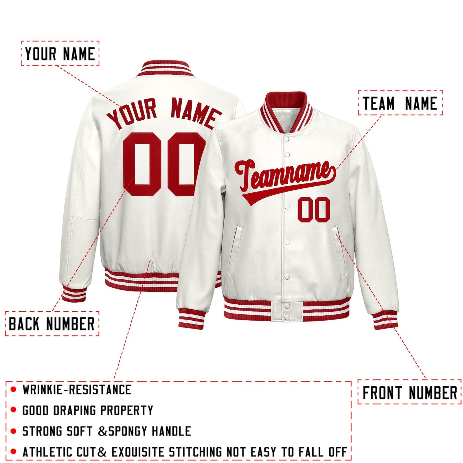 Custom White Red Full-Snap Varsity Faux Leather Letterman Jacket| KXKSHOP
