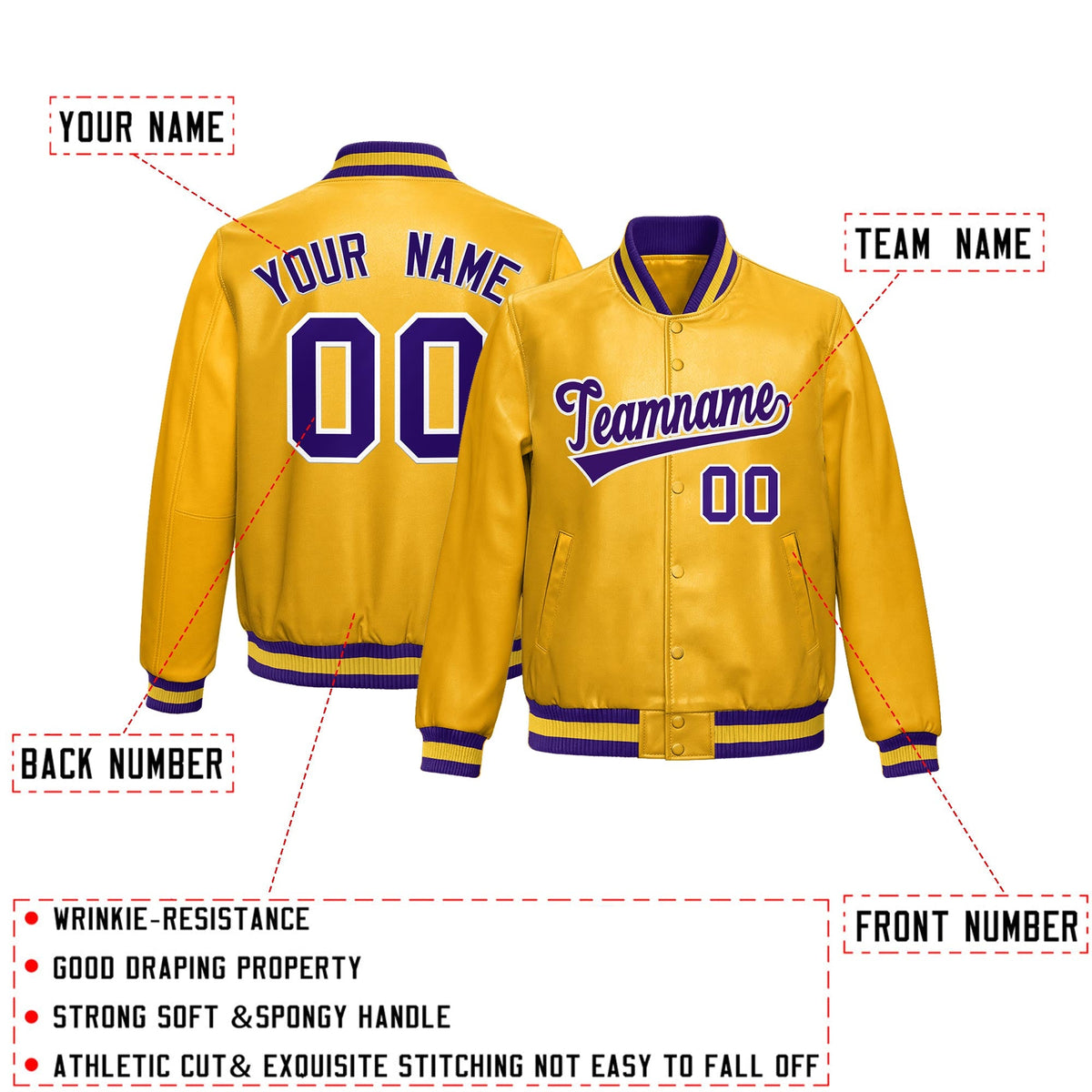 Custom Yellow Purple Full-Snap Varsity Faux Leather Letterman Jacket| KXKSHOP