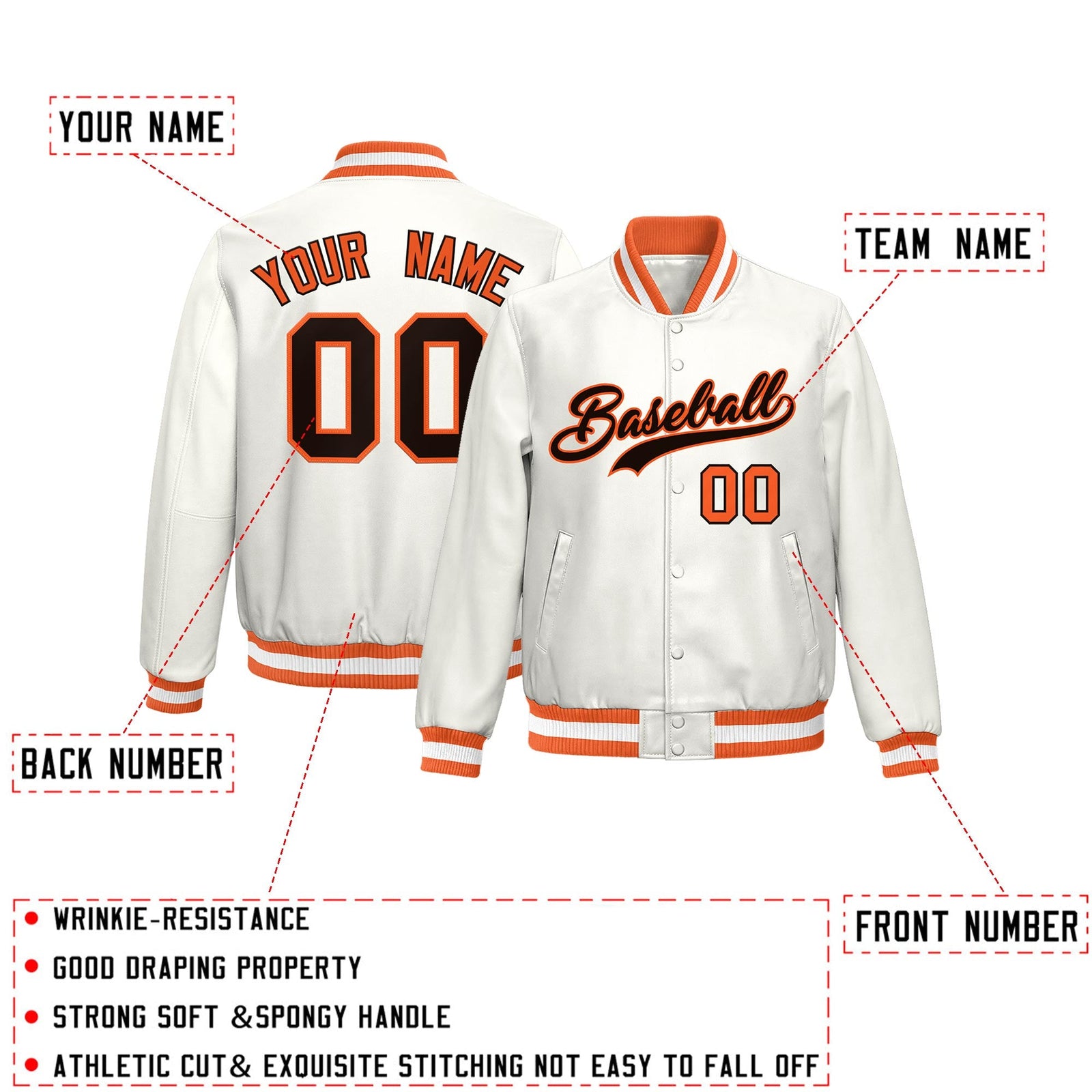 Custom Orange White Full-Snap Varsity Faux Leather Letterman Jacket| KXKSHOP