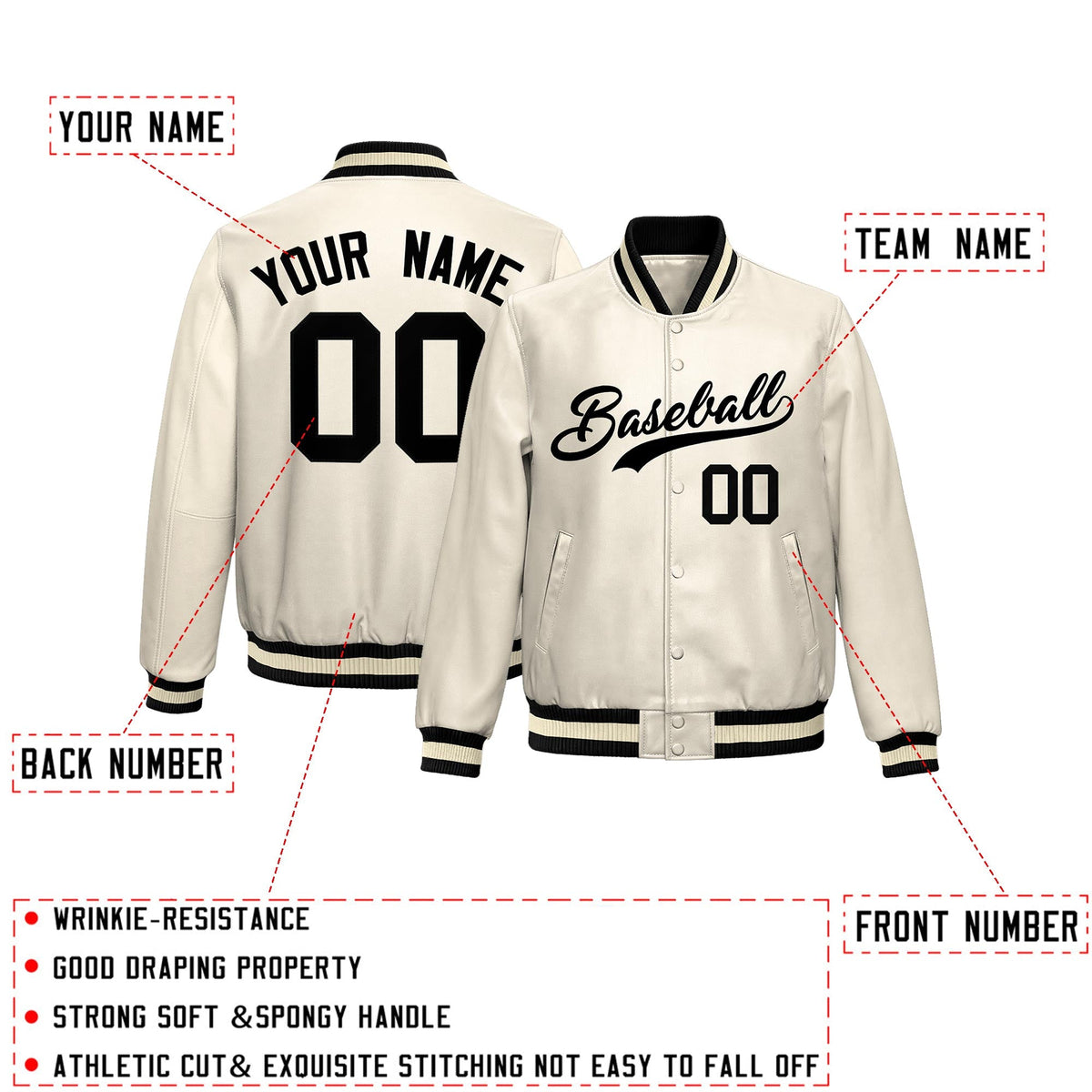Custom Cream Black Full-Snap Varsity Faux Leather Letterman Jacket| KXKSHOP