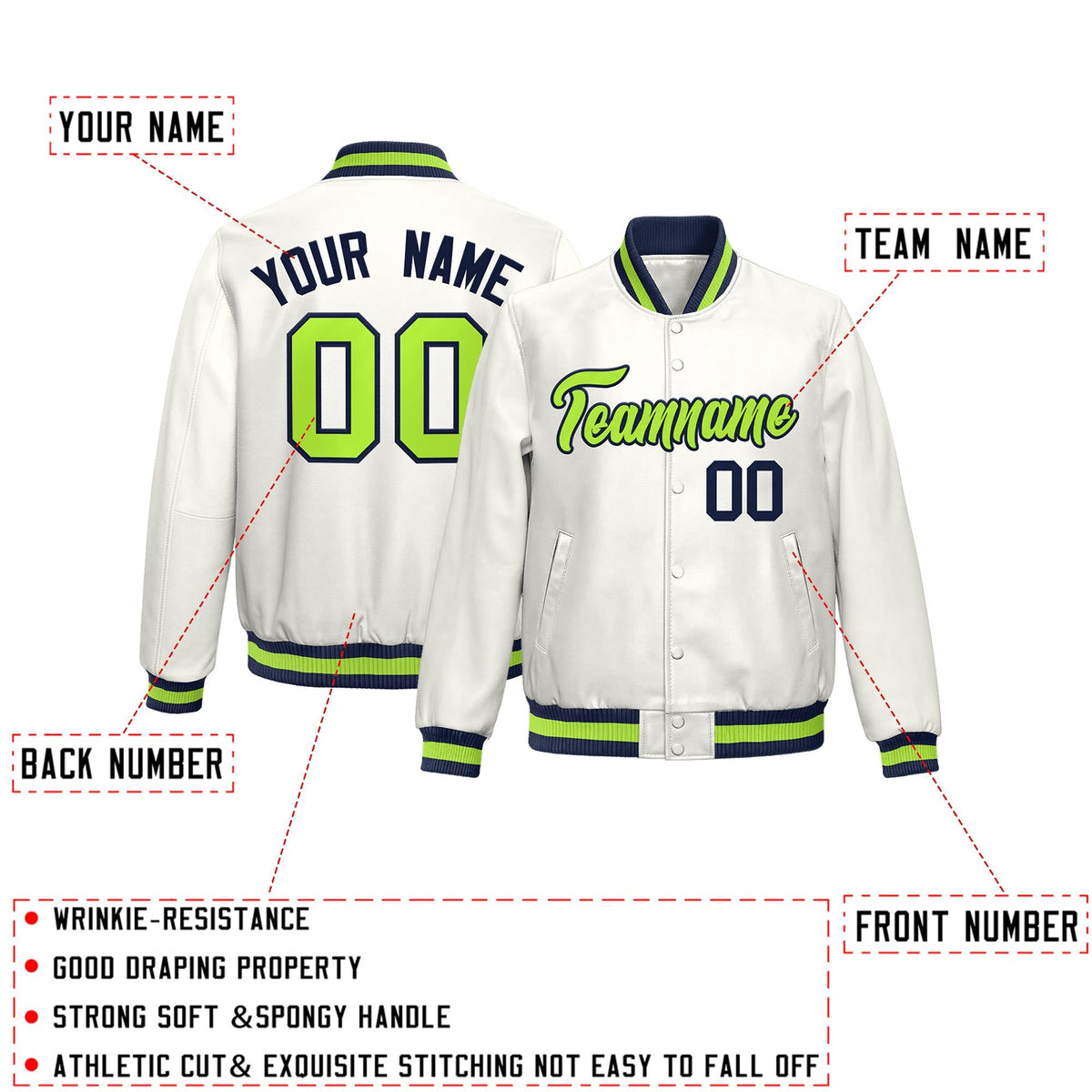 Custom White Neon Green Full-Snap Varsity Faux Leather Letterman Jacket| KXKSHOP