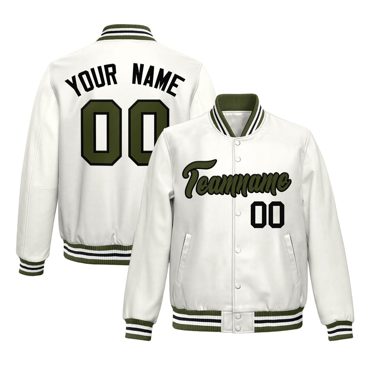 Custom White Olive Full-Snap Varsity Faux Leather Letterman Jacket| KXKSHOP