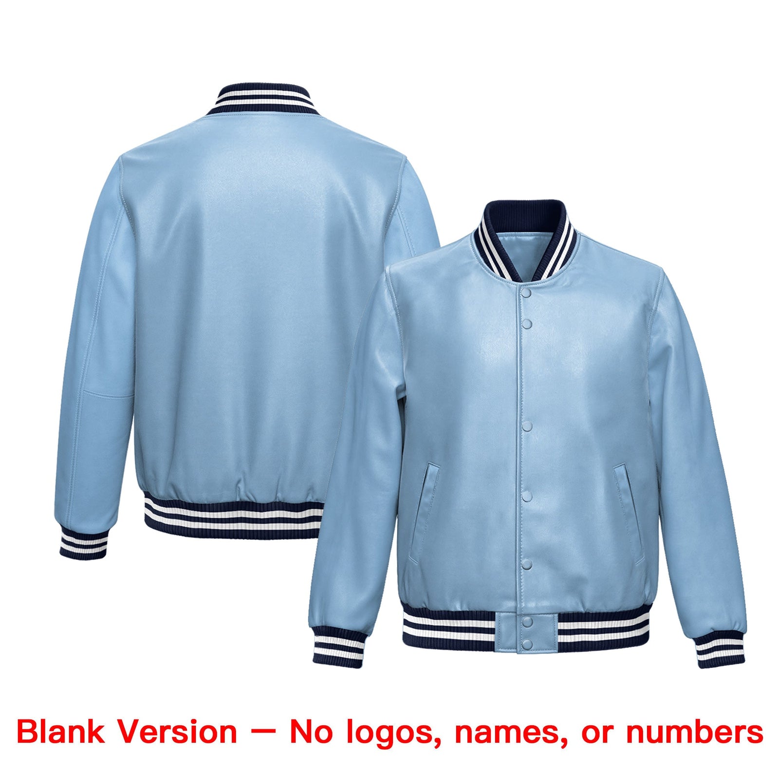 Custom Powder Blue Navy Full-Snap Varsity Faux Leather Letterman Jacket| KXKSHOP