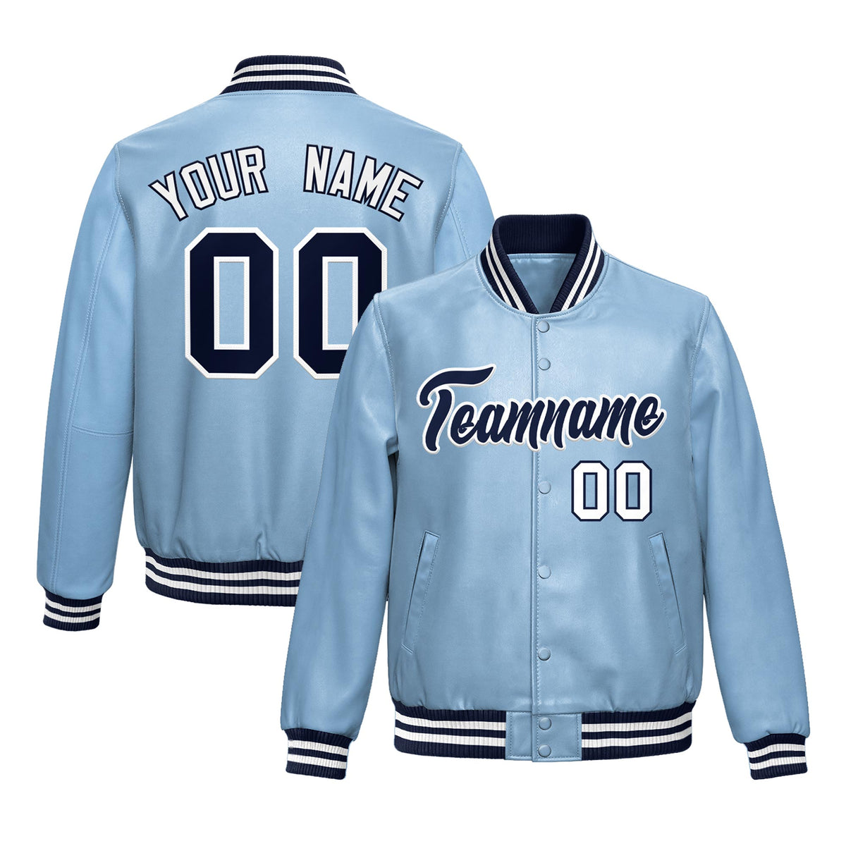Custom Powder Blue Navy Full-Snap Varsity Faux Leather Letterman Jacket| KXKSHOP