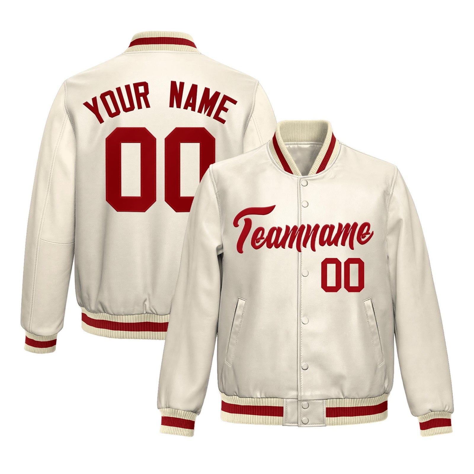 Custom Cream Red Full-Snap Varsity Faux Leather Letterman Jacket| KXKSHOP