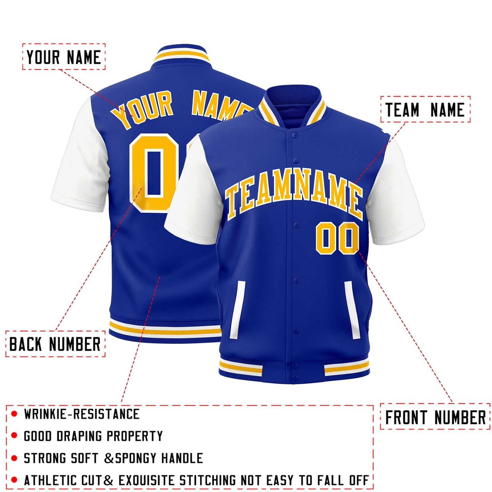 Custom White Royal Blue Gold Full-Snap Classic Style Jacket| KXKSHOP