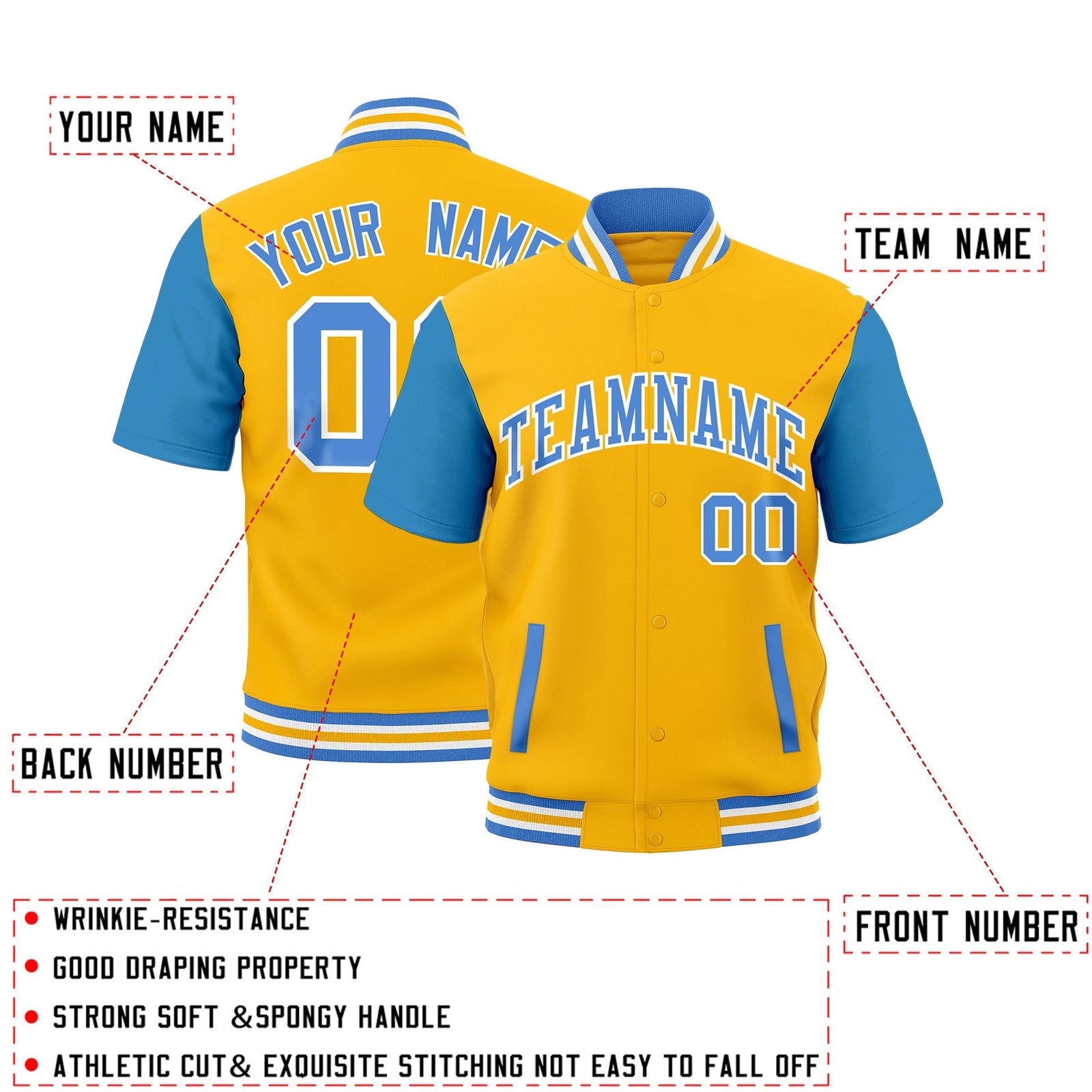 Custom Powder Blue White Gold Full-Snap Classic Style Jacket| KXKSHOP