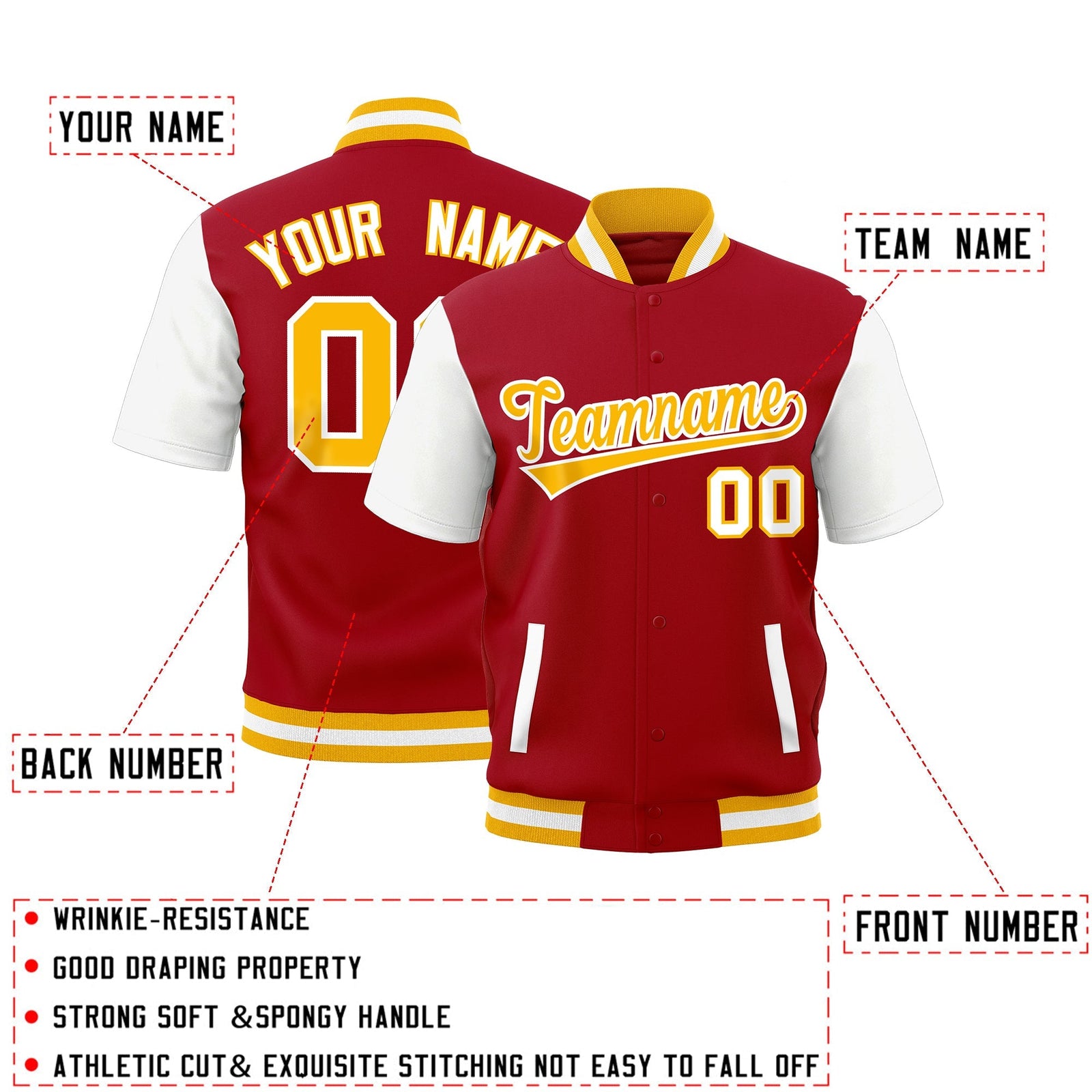 Custom Red White Gold Full-Snap Classic Style Jacket| KXKSHOP