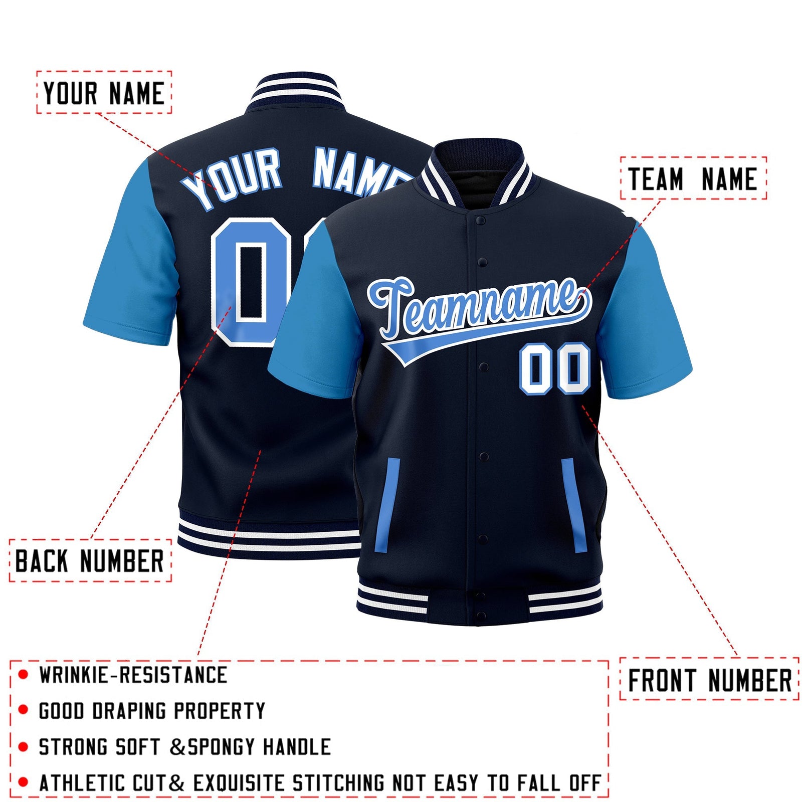 Custom Powder Blue Navy White Full-Snap Classic Style Jacket| KXKSHOP