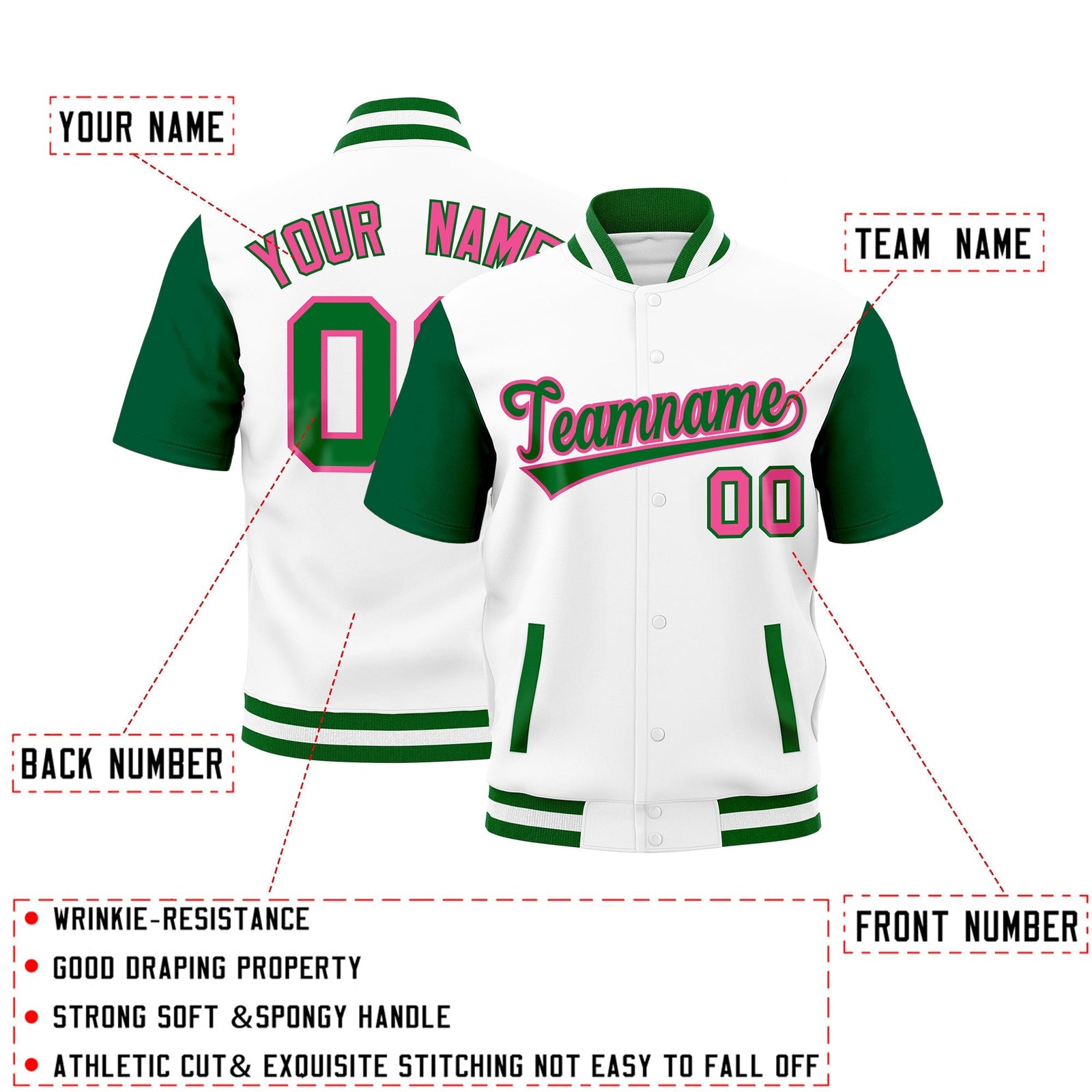 Custom Kelly Green White Full-Snap Classic Style Jacket| KXKSHOP