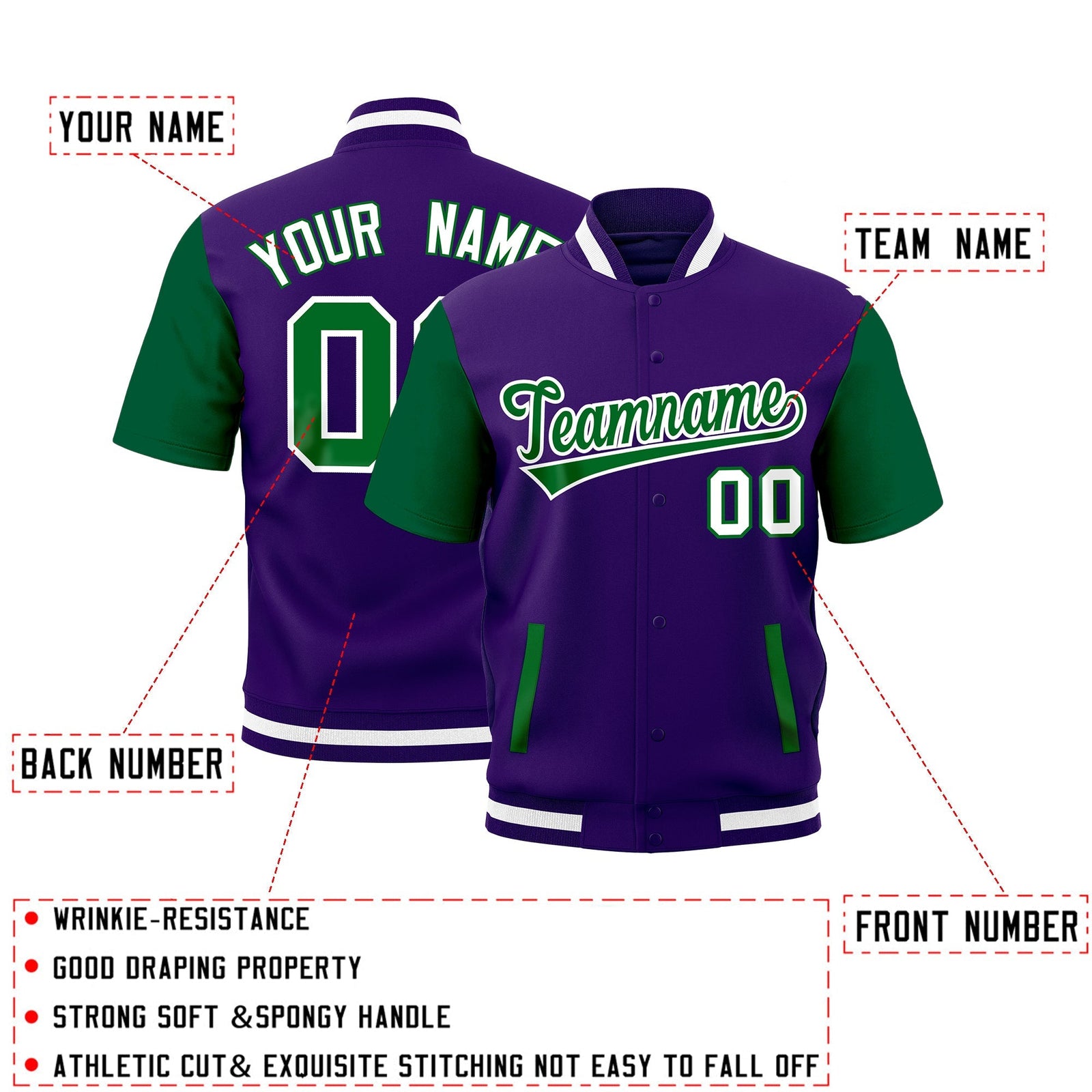 Custom Kelly Green Purple White Full-Snap Classic Style Jacket| KXKSHOP