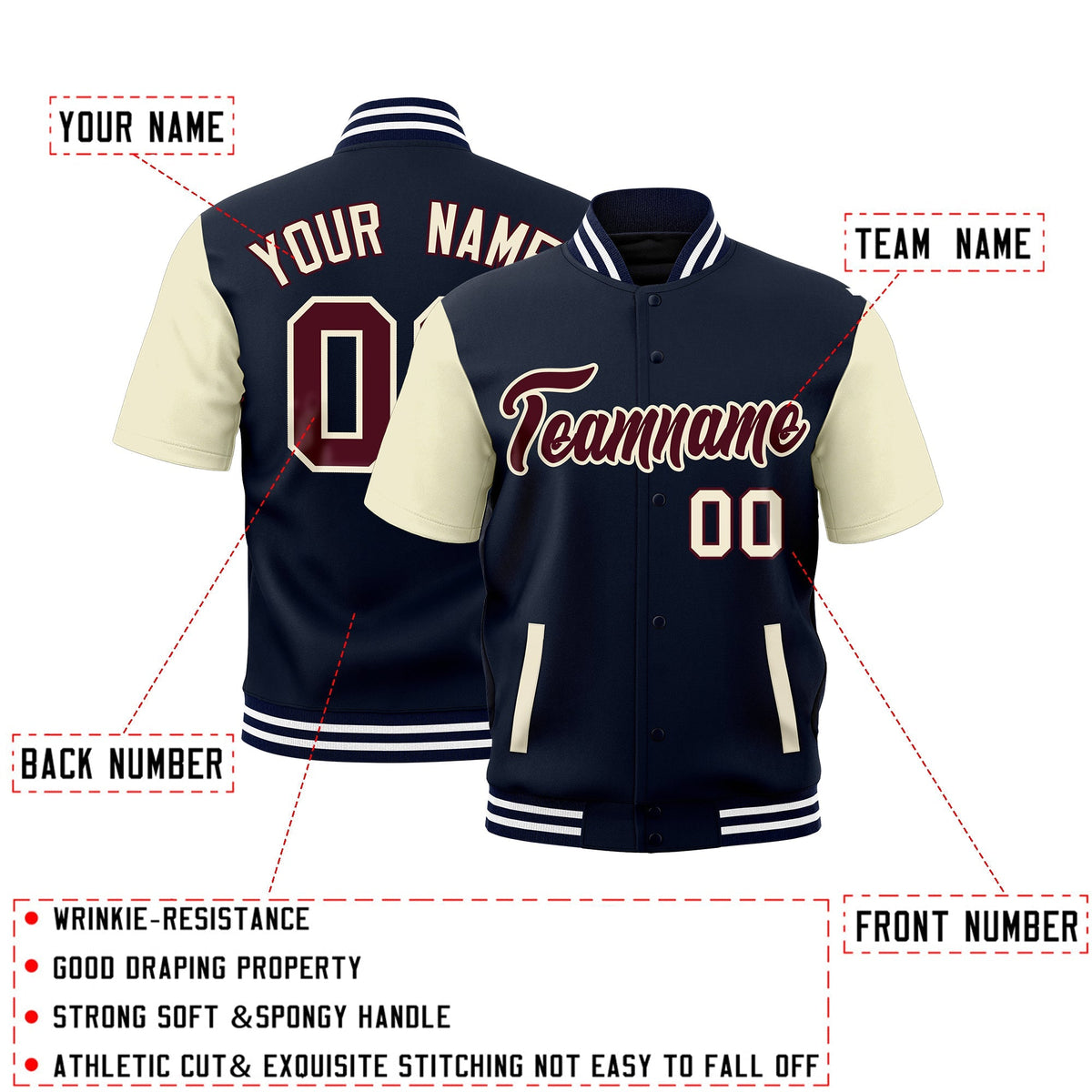 Custom Cream Navy White Full-Snap Classic Style Jacket| KXKSHOP