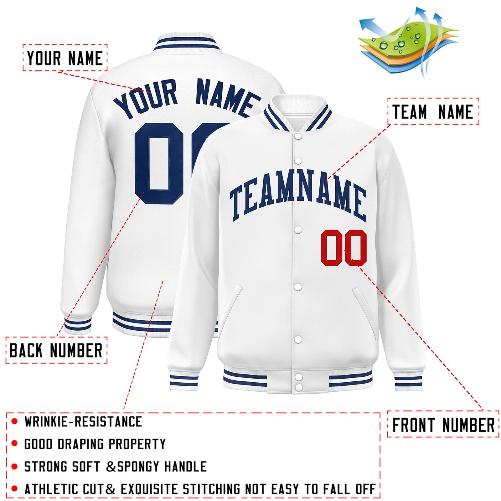 Custom White Royal-Red Letterman Two Tone Classic Style Varsity Full-Snap Jacket