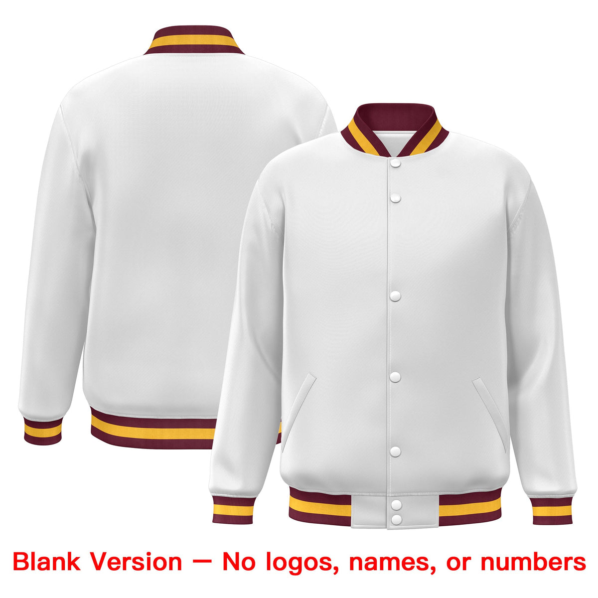Custom White Crimson-Gold Classic Style Varsity Full-Snap Letterman Jacket