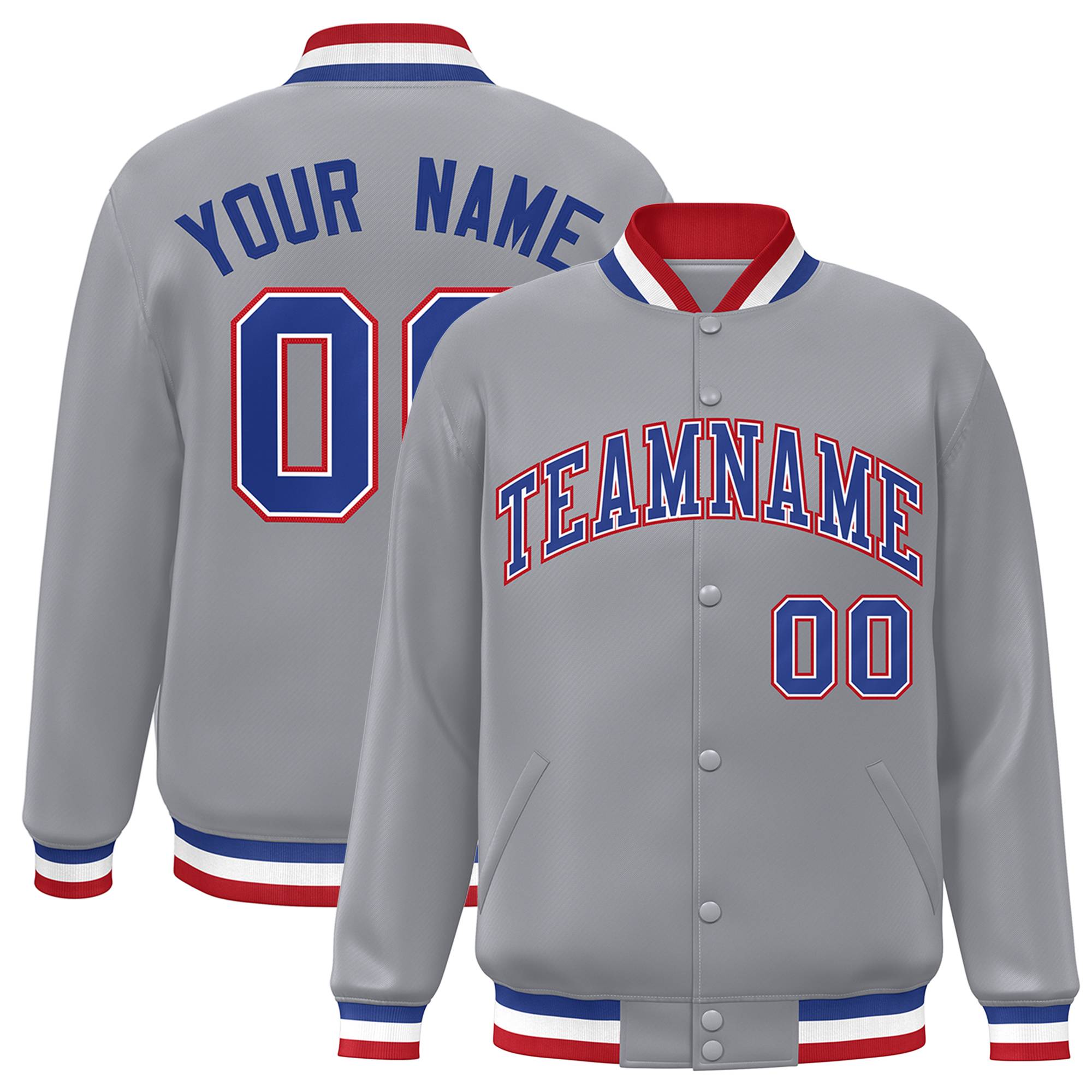 Custom Gray Royal-White Classic Style Varsity Full-Snap Letterman Jacket