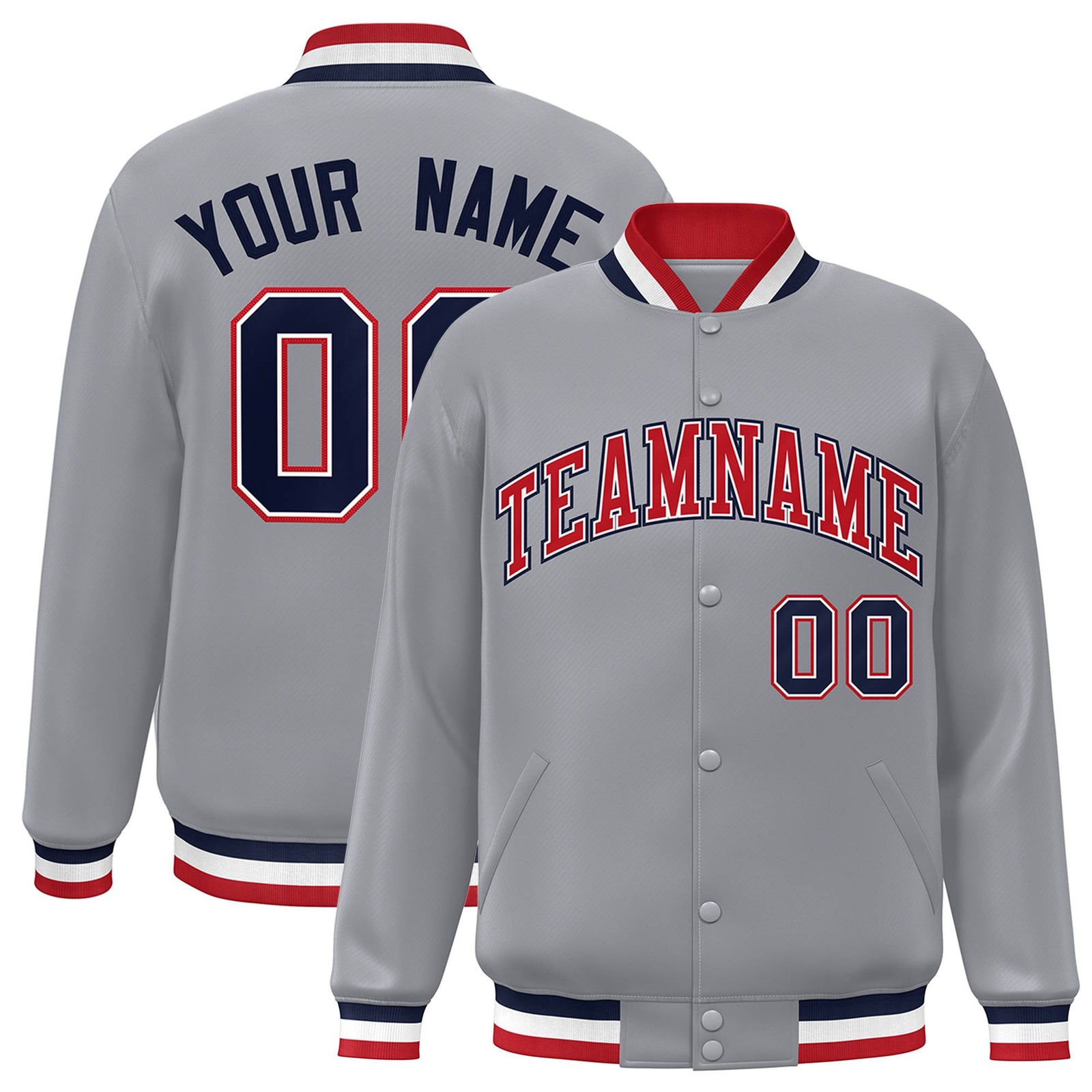Custom Gray Red-White Classic Style Varsity Full-Snap Letterman Jacket