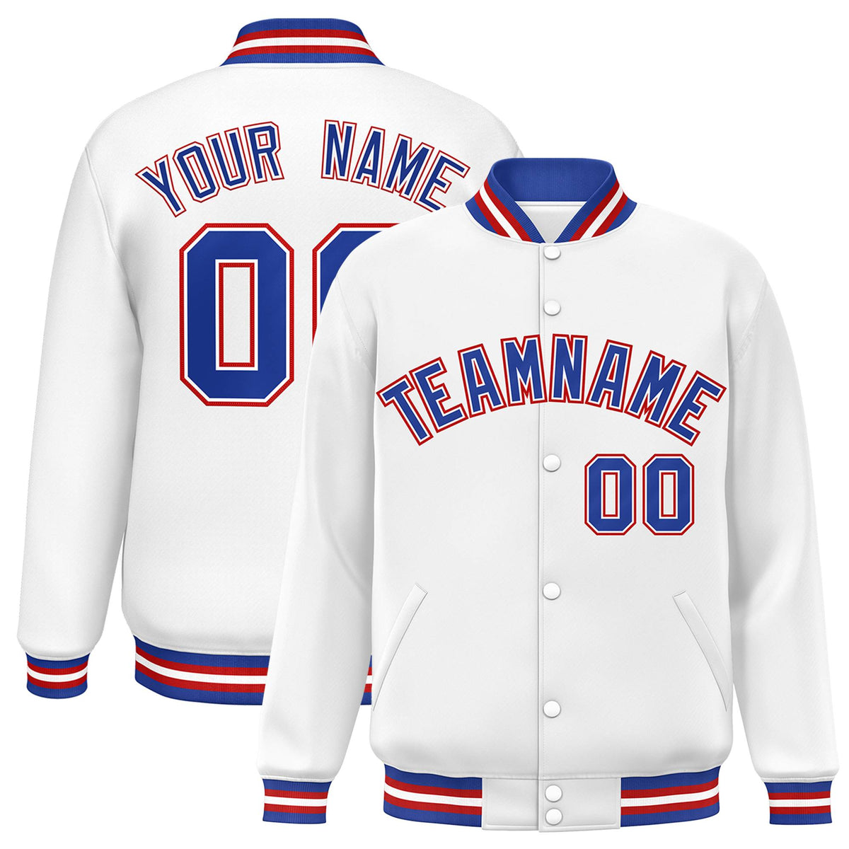 Custom White Royal-White Classic Style Varsity Full-Snap Letterman Jacket