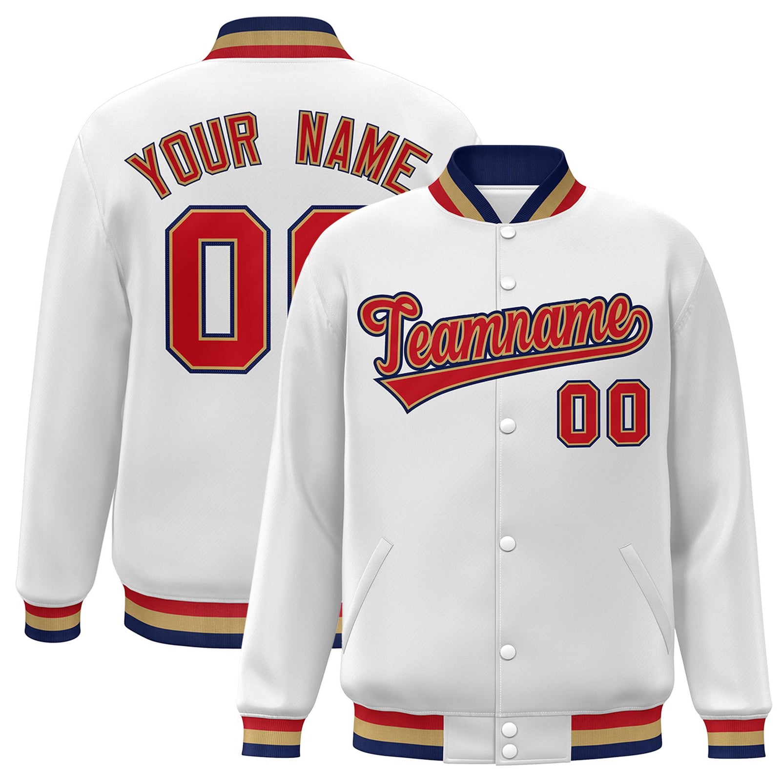 Custom White Red-Old Gold Classic Style Varsity Full-Snap Letterman Jacket