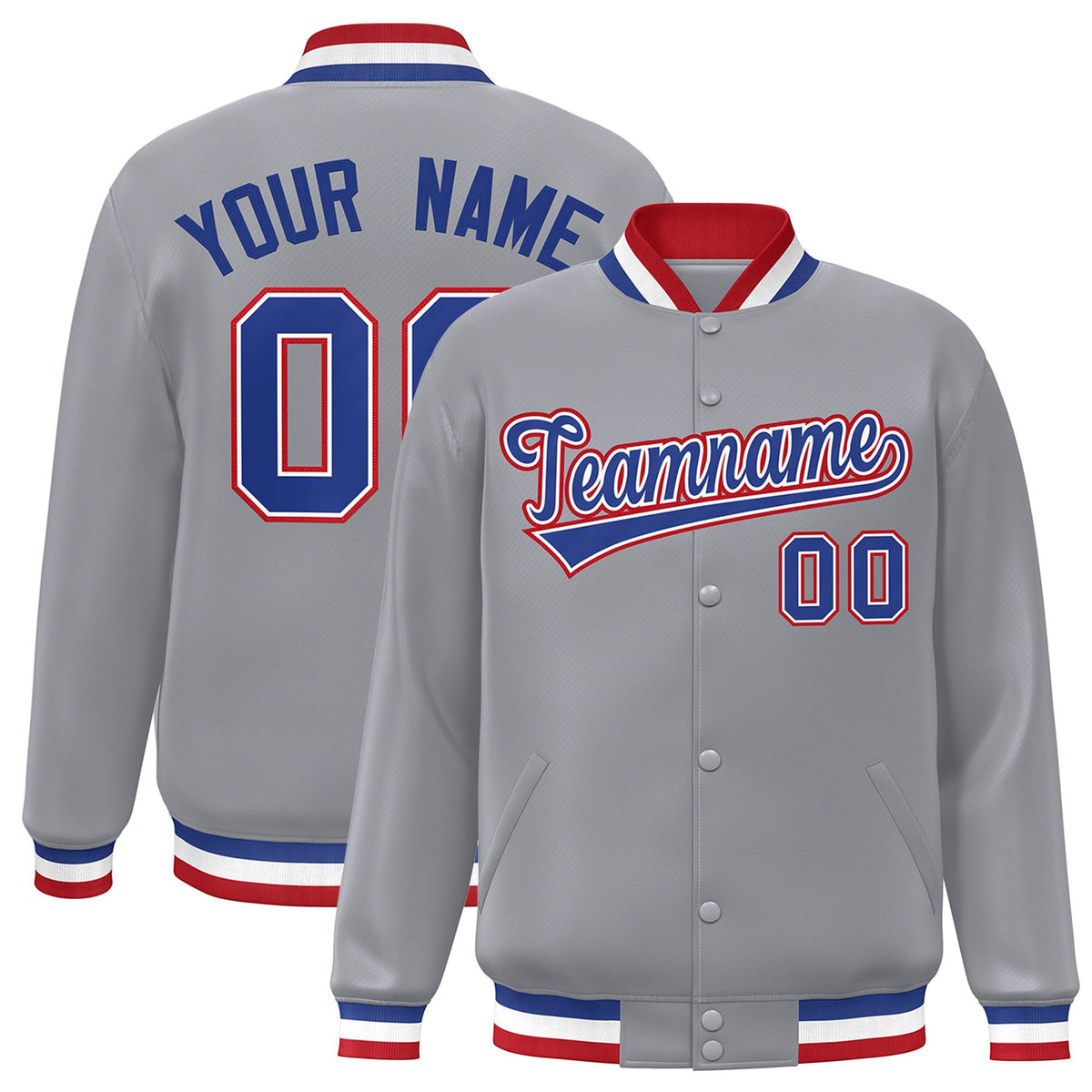 Custom Gray Royal-White Classic Style Varsity Full-Snap Letterman Jacket