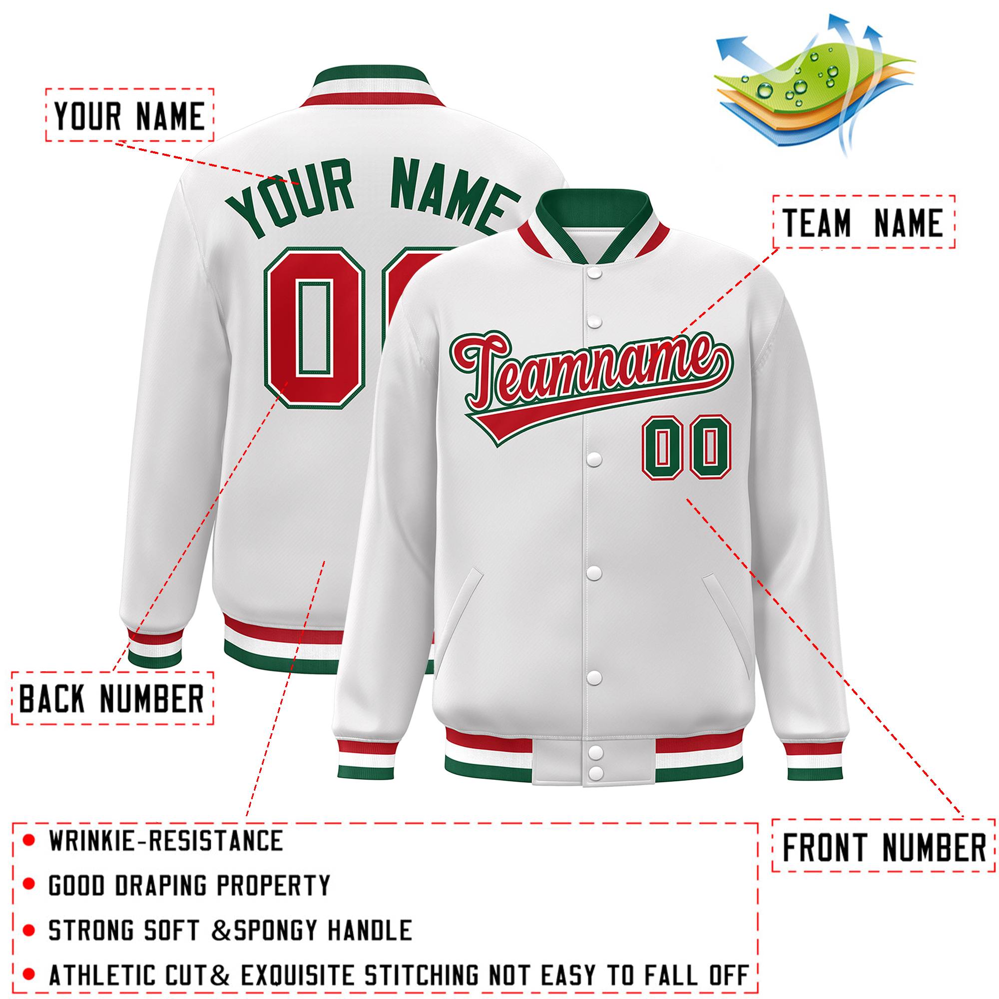 Custom White Red-White Classic Style Varsity Full-Snap Letterman Jacket