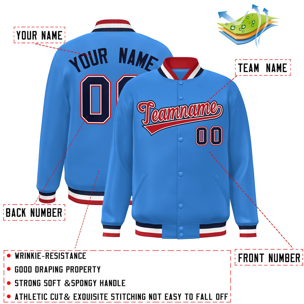 Custom Powder Blue Red-White Classic Style Varsity Full-Snap Letterman Jacket