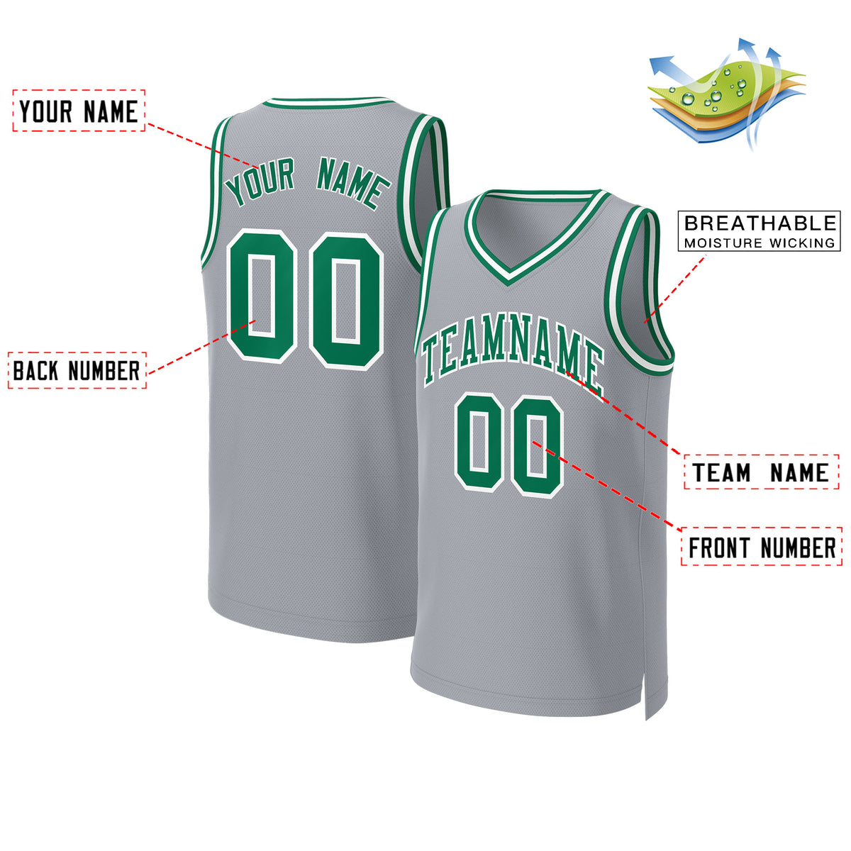 Custom Gray Kelly Green-White Classic Tops Basketball Jersey