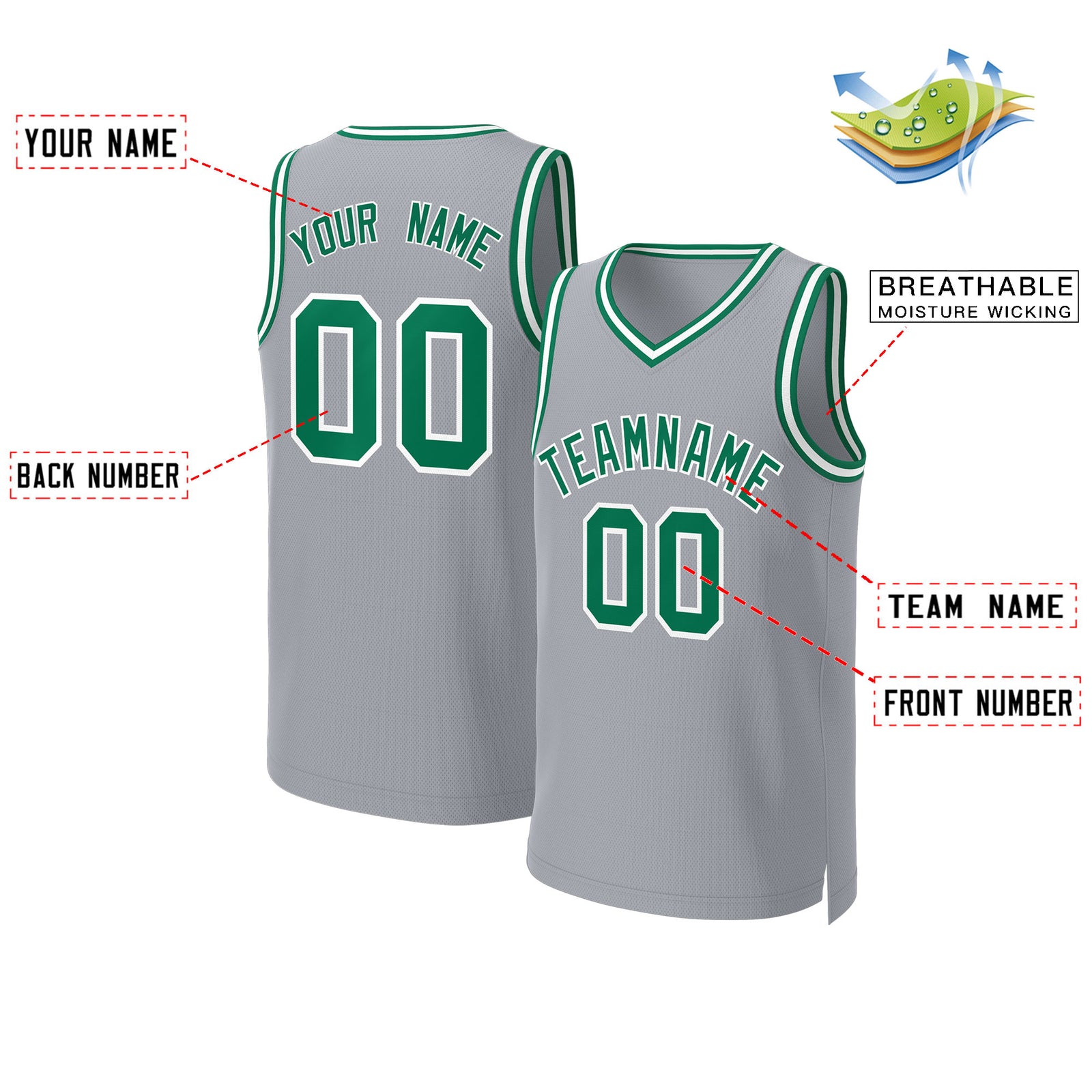 Custom Gray Kelly Green-White Classic Tops Basketball Jersey