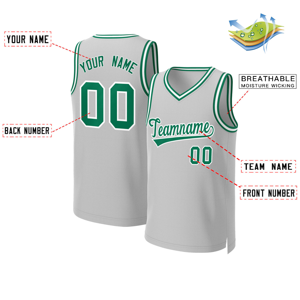 Custom Gray Kelly Green-White Classic Tops Basketball Jersey