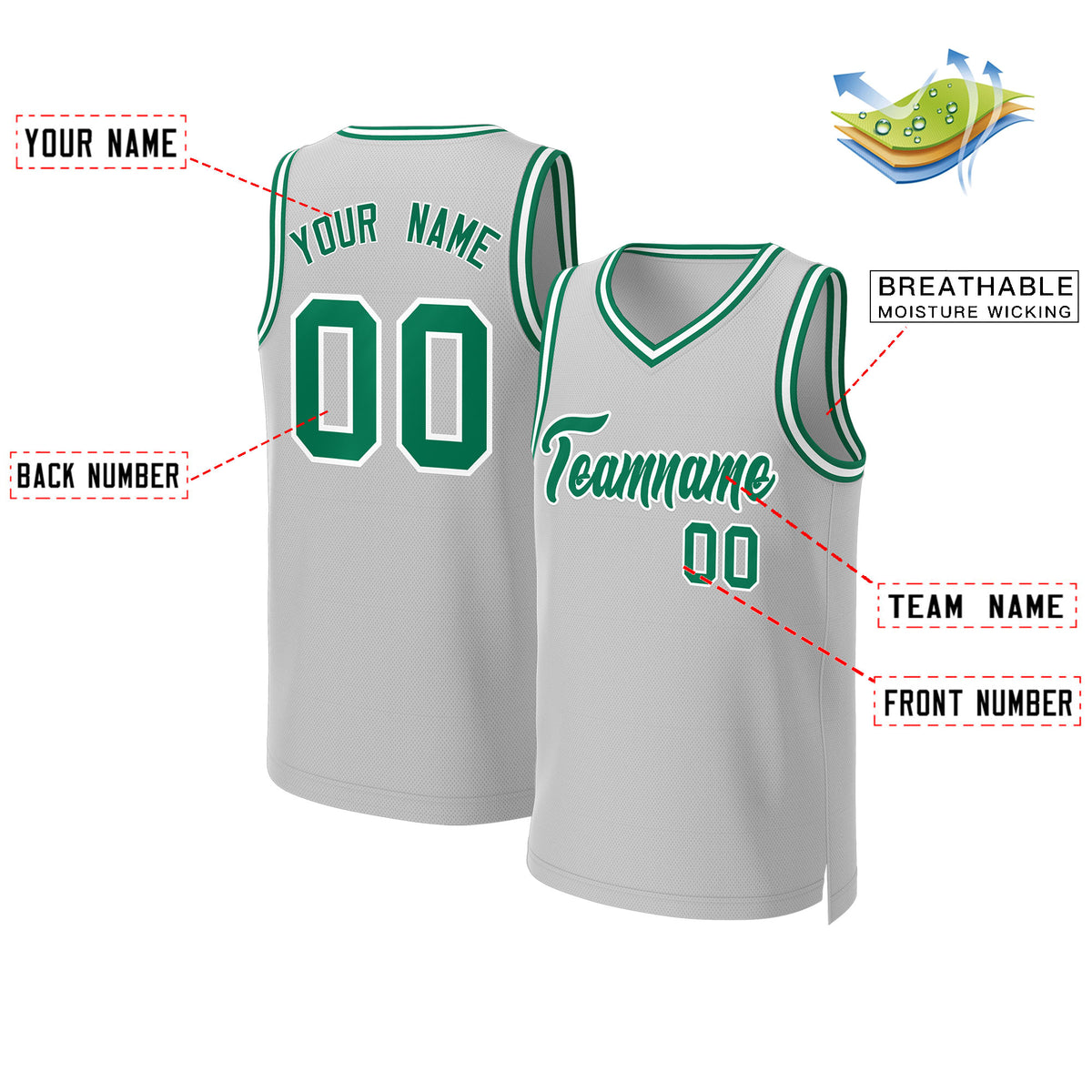 Custom Gray Kelly Green-White Classic Tops Basketball Jersey