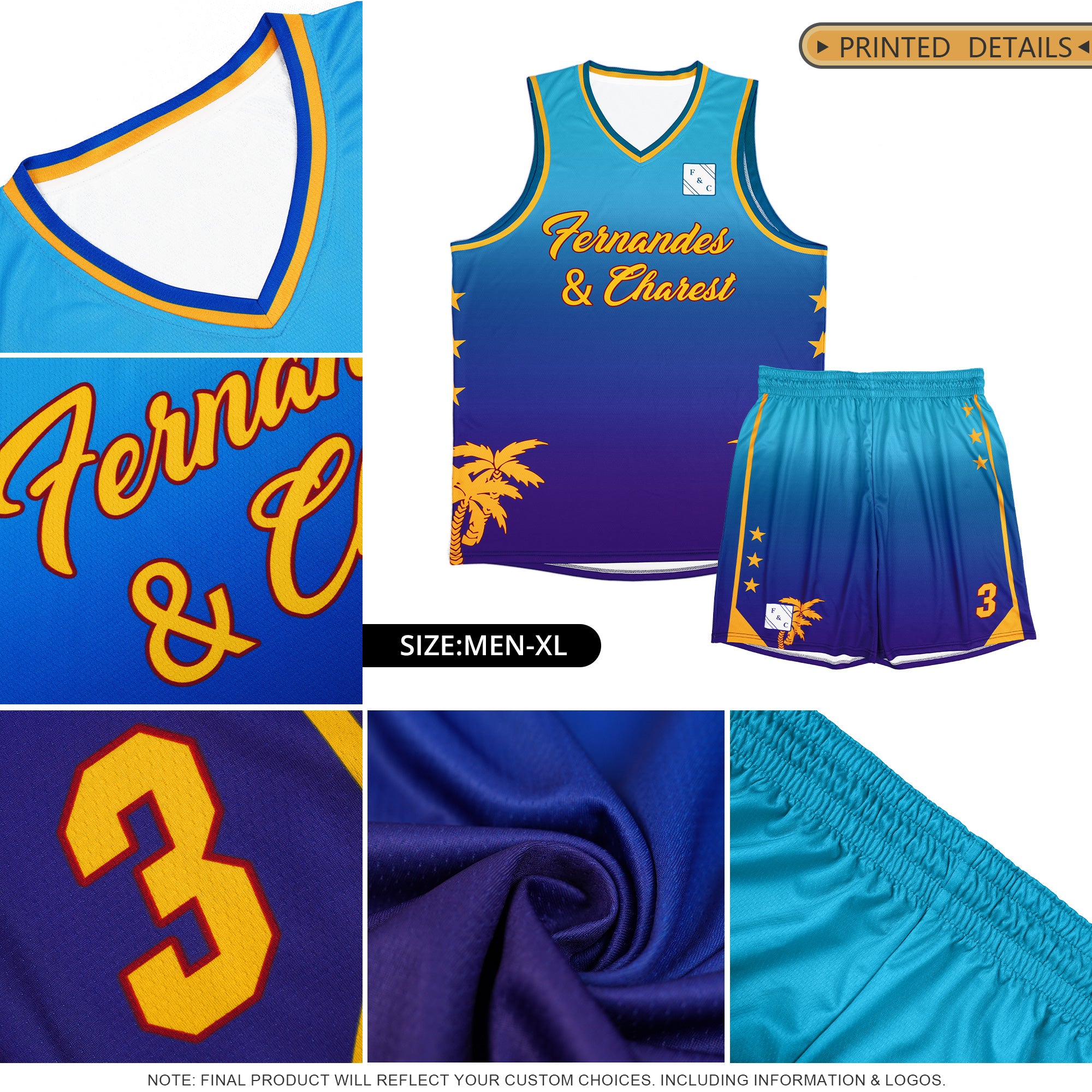 Custom Blue Royal-Purple Gradient Fashion Coconut Palm Pattern Sports Uniform Basketball Jersey
