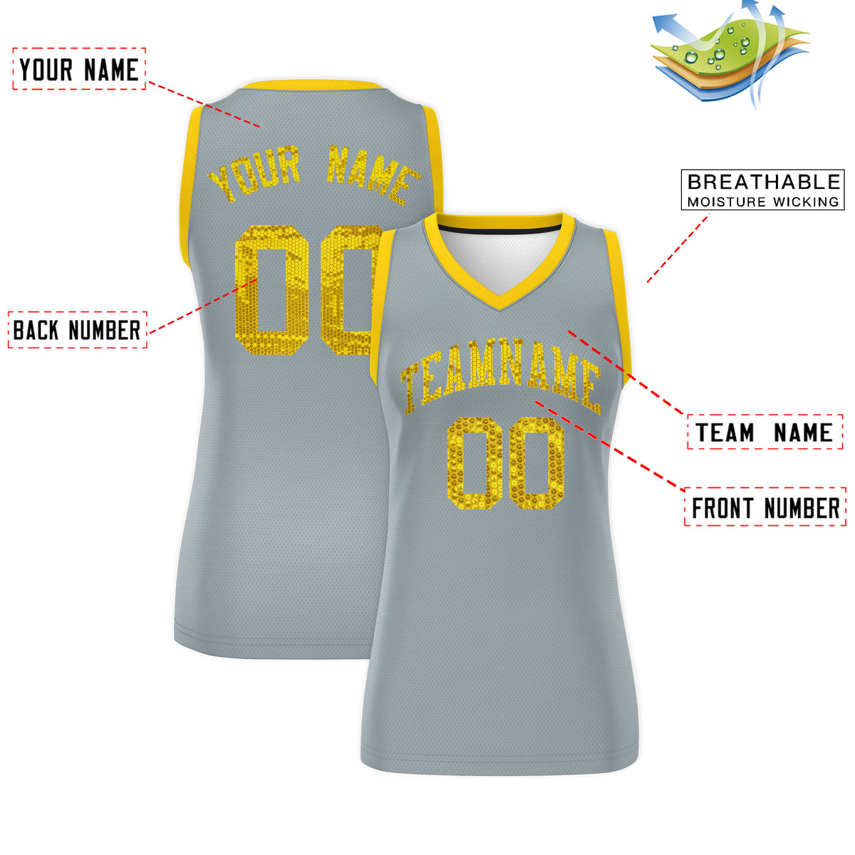Custom Silver Gold Women Basketball Jersey Dress