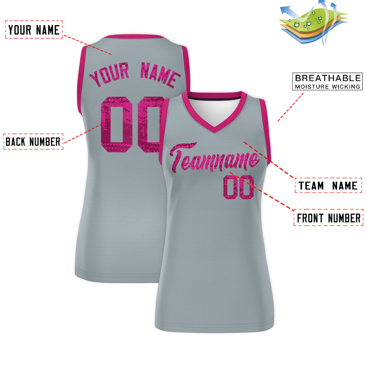 Custom Silver Pink Women Basketball Jersey Dress